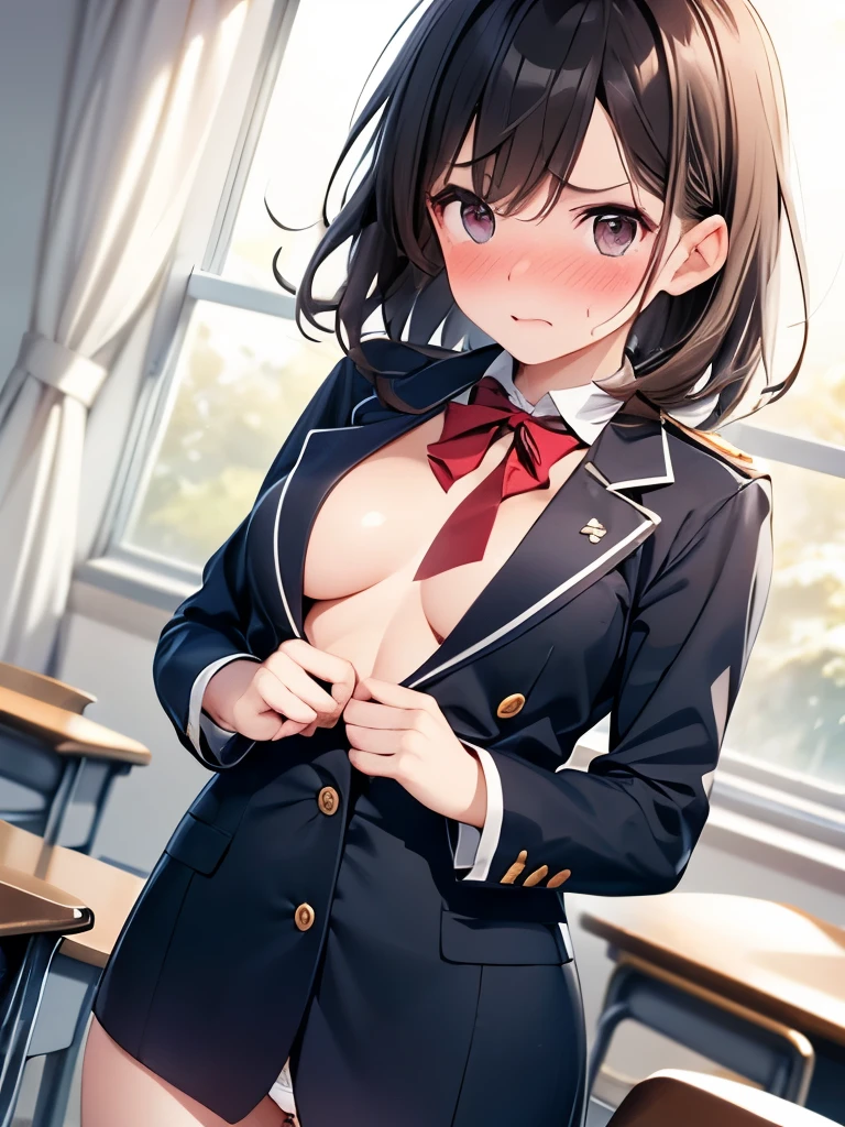 (A beautiful woman、slender), perfect anatomy, High school girls、uniform、Embrace your chest、Inner thighs、pussy juice, classroom、************、Glossy lipasterpiece、highest quality、black hair, messy hair, (8k, High resolution)、(embarrassed:1.4)、(blush)、 small breast