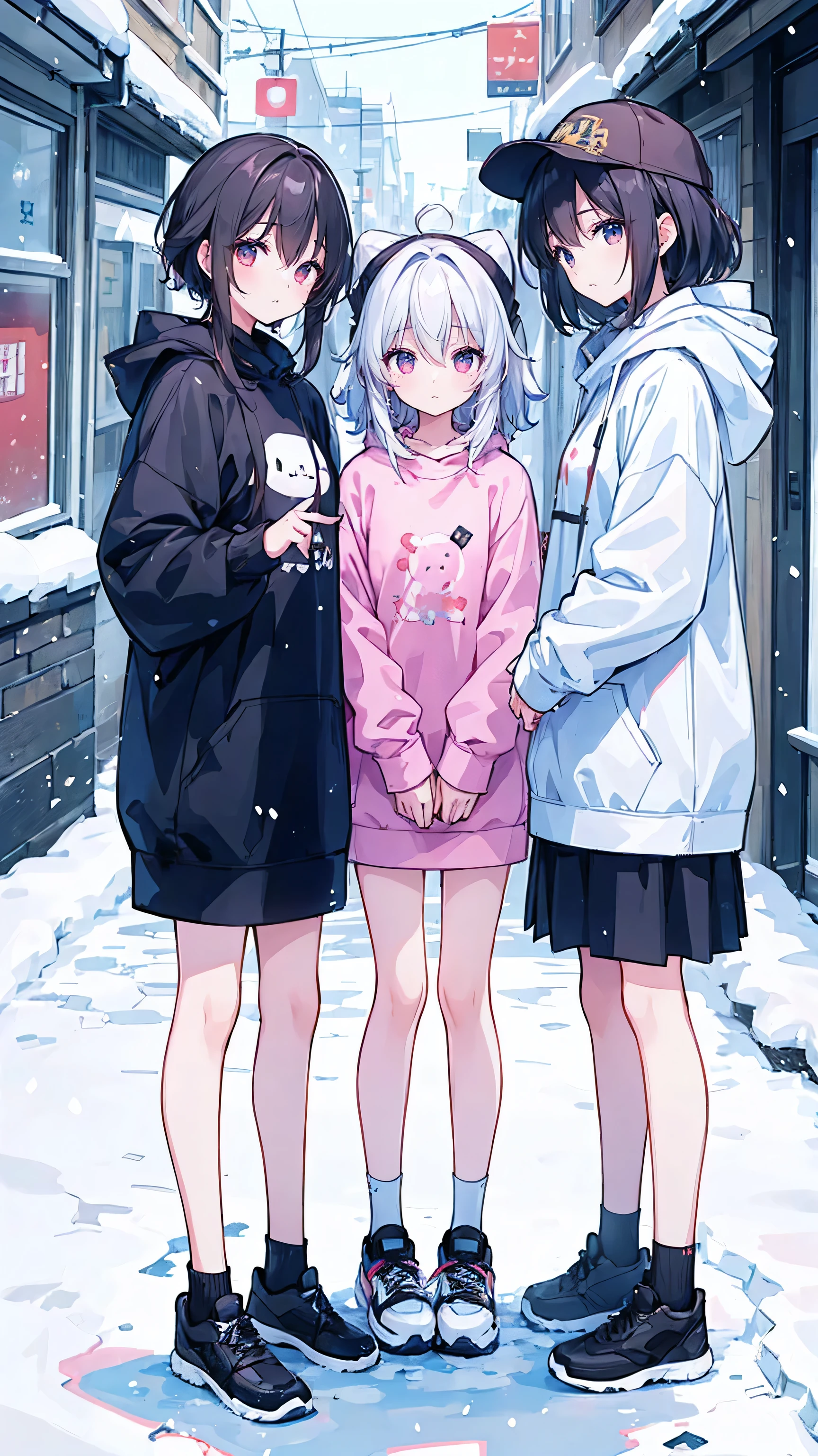 Three women wearing sweatshirts, Standing in the snow, With a straight face, close, Inspired by Cai Xukun, Shin Jinying, Cheng Yanjun, Luan Zhang, bian luan, Jia Ruian