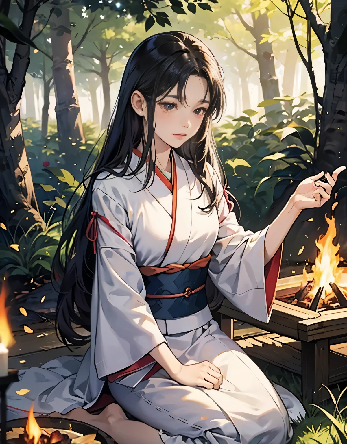 Scene 8: Fuyuka's Secret
"In a serene, Ghibli-inspired forest setting, Fuyuka shares her secrets with Mizuki and Taro. She uses her magic to show visions of the Rainbow Island. Mizuki, in her white dress, and Taro, in his mechanic's outfit, sit around a campfire, listening intently. Fuyuka's kimono glows softly in the firelight, and the forest is alive with magic."