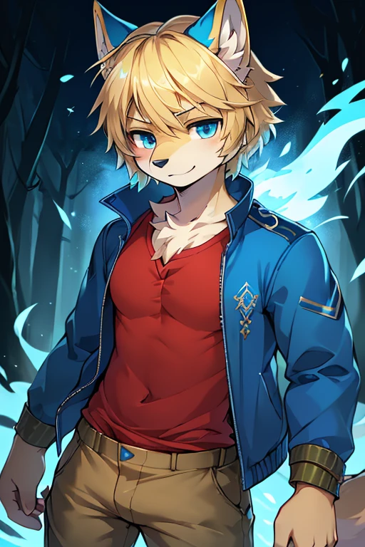 ( Absurdly , High quality , ultra detailed ) ,( hand detailed ) , 1boy, solo, , absurdres(highly detailed beautiful face and eyes)perfect anatomy, (Male yellow-gold wolf), (((lean-body))) ((thin body)) (fit), (dark-blue eyes, (adventure, fantasy type clothing ((red-shirt, blue jacket, khaki pants))) (lighter chest fur), intense eyes, intense, small smile, controlling blue fire, dark blue fire, gold fur, gold hair, controlling blue flames, his hair is blond, his fur is blond