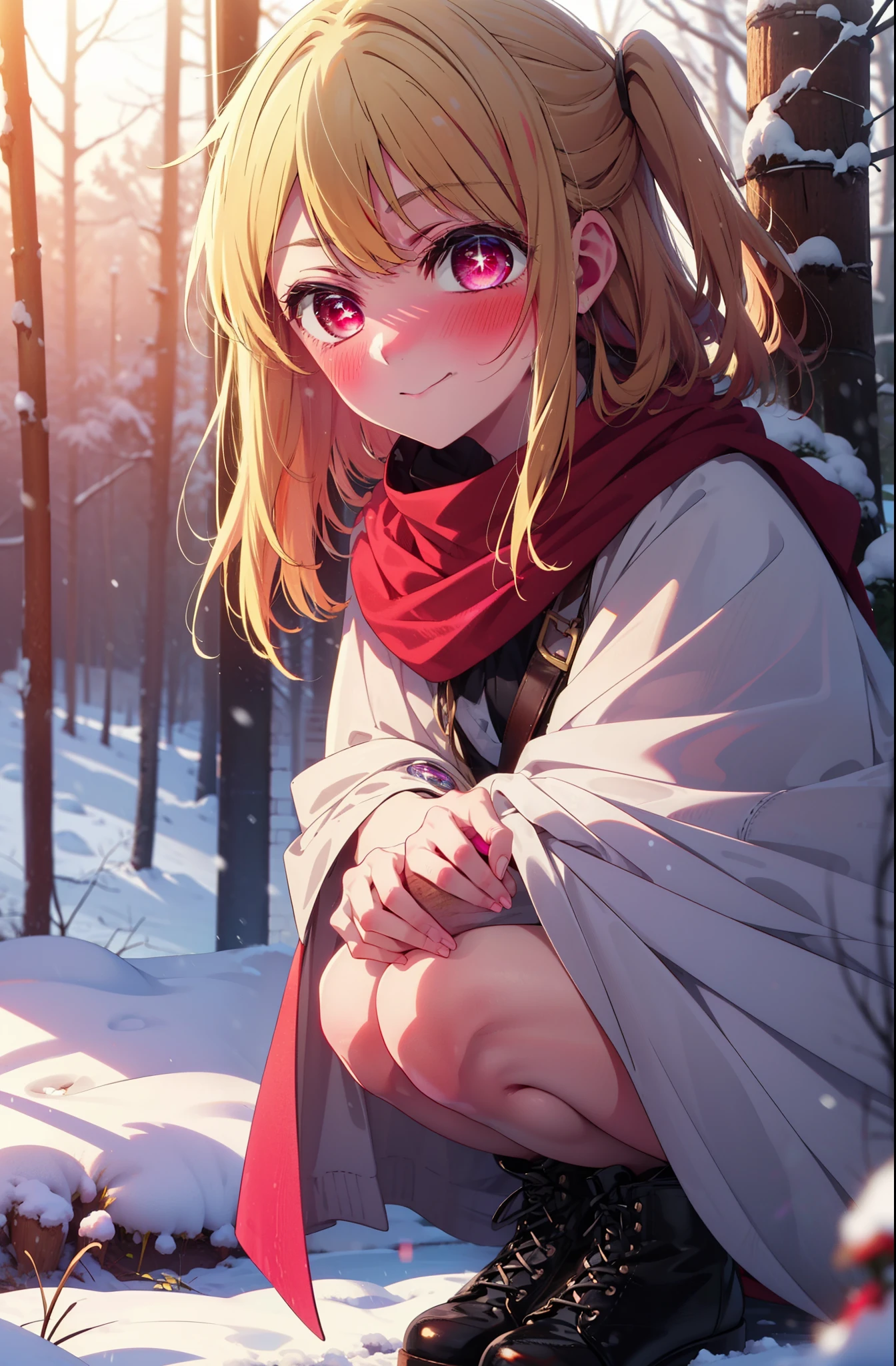rubyhoshino, Hoshino Ruby, Long Hair, bangs, blonde, (Pink Eyes:1.3), Side Lock, (Symbol-shaped pupil:1.5), Multicolored Hair, Two-tone hair, smile,,smile,blush,white breath,
Open your mouth,snow,Ground bonfire, Outdoor, boots, snowing, From the side, wood, suitcase, Cape, Blurred, , forest, White handbag, nature, Squat, Mouth closed, Cape, winter, Written boundary depth, Black shoes, red Cape break looking at viewer, Upper Body, whole body, break Outdoor, forest, nature, break (masterpiece:1.2), Highest quality, High resolution, unity 8k wallpaper, (shape:0.8), (Beautiful and beautiful eyes:1.6), Highly detailed face, Perfect lighting, Extremely detailed CG, (Perfect hands, Perfect Anatomy),