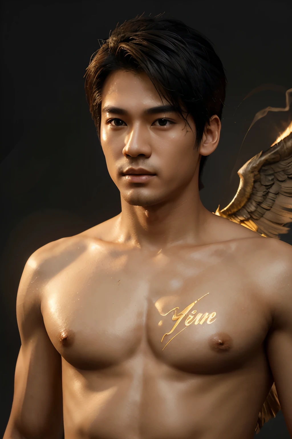 create a 3D photograph of a handsome Filipino Angel of love have korean hair style,written his name on her chest "Cloud".in a gold font,with number 69 background and smoke and lightning, create a beautiful work realistic high resolution HD,