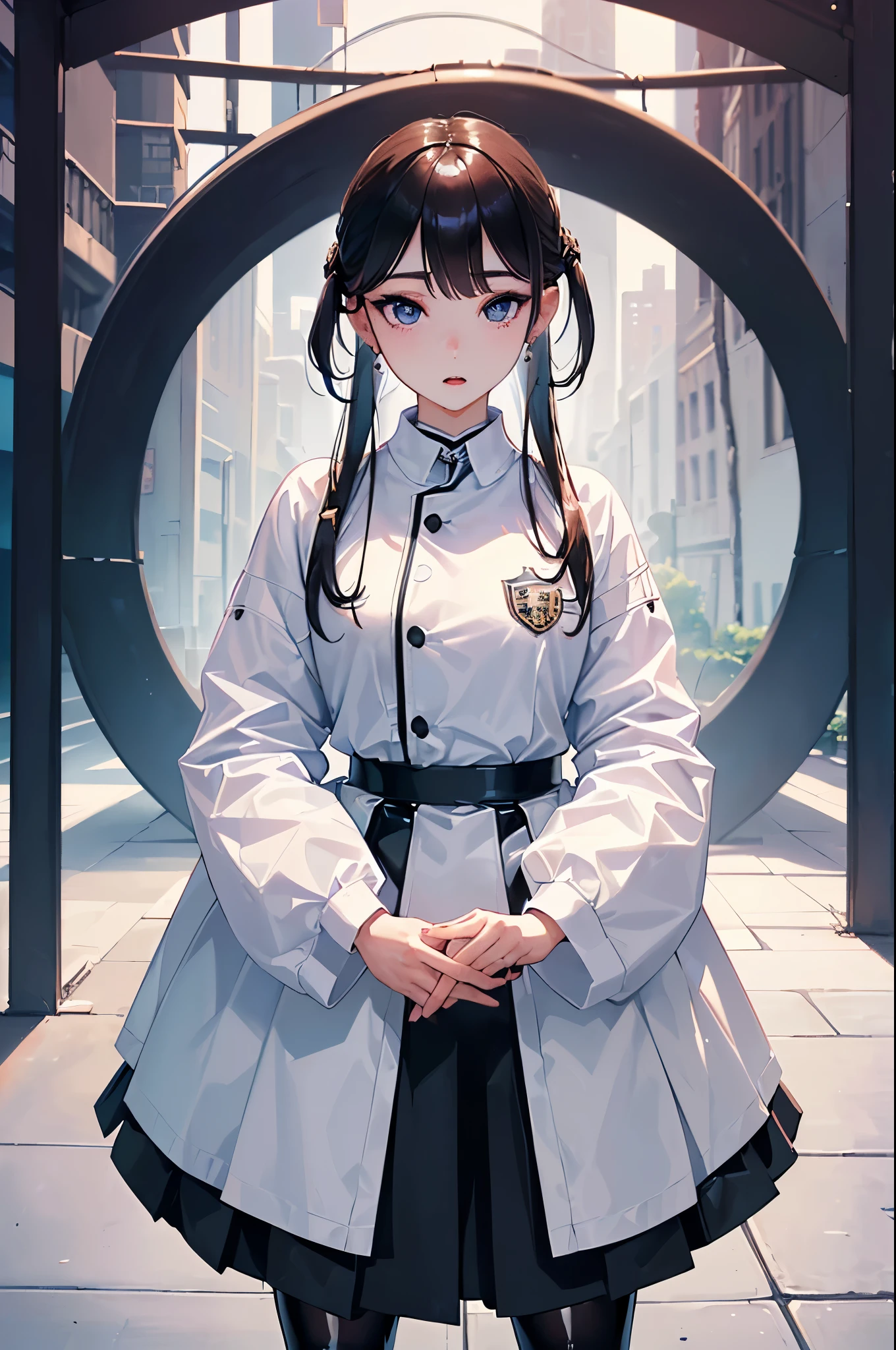 ((Biologically correct limb count))、(( From head to toe、Full-body photo including face))、4K、((Standing position))、masterpiece、((Focus on the face))、((Symmetrical facial features))、Eyes with detailed description、Beautiful woman、Excellent style、Beautiful arms、Beautiful feet、Beautiful Hands、(Small Ass、Thin thighs）、Detailed depiction of the face、Small earrings、necklace、(Latex Uniform、Latex skirt、High heels、stockings）、Face close-up、Surprise expression、The background is the park in the morning、Upper body close-up