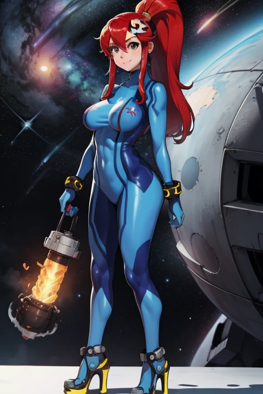 masterpiece, high quality, extremely detailed, 1girl, mature female, solo, Yoko Littner dressed up as Zero Suit Samus, large breasts, hair between eyes, hair ornament, high ponytail, long hair, red hair, sidelocks, skull hair ornament, zero suit, blue gloves, high heels, light smile, standing, holding a blaster, outer space, space environment