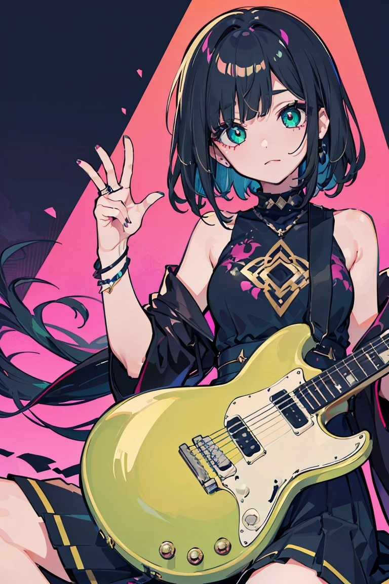 ((1 girl)), punk, Dark circles in the eyes, Untidy face, peace sign, metal rock, sit, guitar, Cowboy Shot,((Very detailed,highest quality, High resolution, fell, Sloppy, Lazy and slothful,Apathy, 8k wallpaper, Beautiful clothes,)),((Black Hair, Matte green accent color, Shortcuts,Diagonal bangs, Messy Hair)), Sharp eyes, eye shadow, eyeliner,Glow Eye, Very detailedな目, Beautiful Eyes, ((Shining Eyes)), 18-year-old girl,Five Fingers