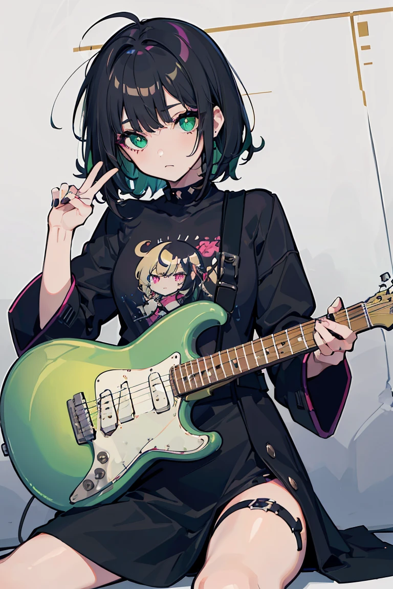 ((1 girl)), punk, Dark circles in the eyes, Untidy face, peace sign, metal rock, sit, guitar, Cowboy Shot,((Very detailed,highest quality, High resolution, fell, Sloppy, Lazy and slothful,Apathy, 8k wallpaper, Beautiful clothes,)),((Black Hair, Matte green accent color, Shortcuts,Diagonal bangs, Messy Hair)), Sharp eyes, eye shadow, eyeliner,Glow Eye, Very detailedな目, Beautiful Eyes, ((Shining Eyes)), 18-year-old girl,Five Fingers