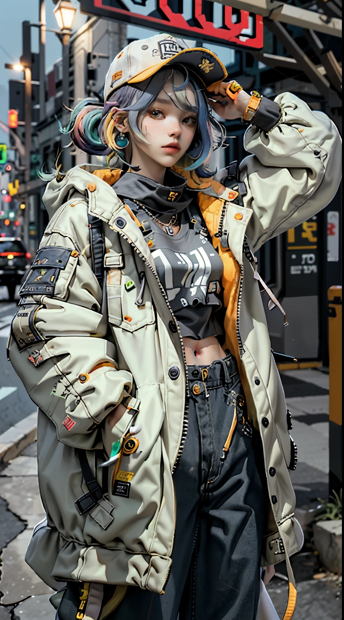 masterpiece, best quality, spring outfit, baggy trucker jacket, colorful hair, outdoor, night time ,upper body, sharp, every detail detailed