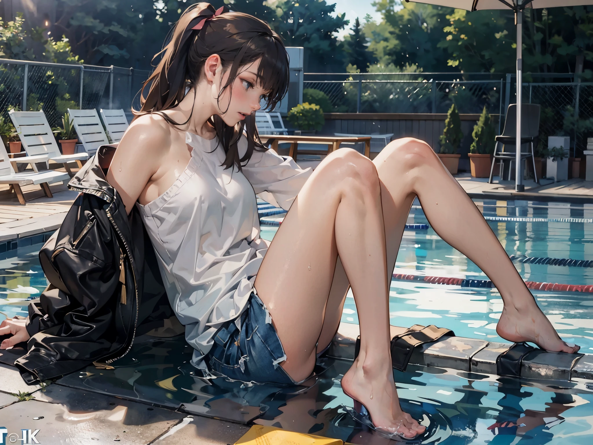 (extremely detailed CG unity 8k wallpaper), (masterpiece), (best quality), (ultra-detailed), (best illustration), (best shadow), (absurdres), Honors Type, Really blushing, , high school girl, (naked:1.5), ponytail brown hair, sweaty healthy body, wetting full body, bare legs, ultra realistic, early morning, breeze, (knee up:1.5), in crowded public pool, dildomasturbation, vaginal object insertioN, object insertion