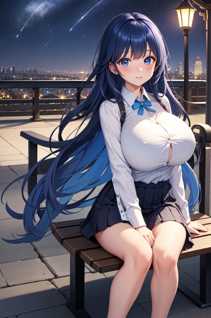 ((masterpiece))、highest quality、Very detailed、Extremely detailed CG、Unified 8K Wallpaper、Beautiful night view、Bench on the hill、Skyscrapers visible in the distance、Many shooting stars in the night sky、Calm atmosphere、The gentle light of a street lamp in the darkness、A summer breeze blows、
(Big Breasts: 1.6)、Cute Uniform、mini skirt、No sleeve、
Shiny skin、Glowing Eyes、Big round eyes、Detailed eyes、blue eyes、Long Hair、Blue Hair、Perm、(button gap:1.1)