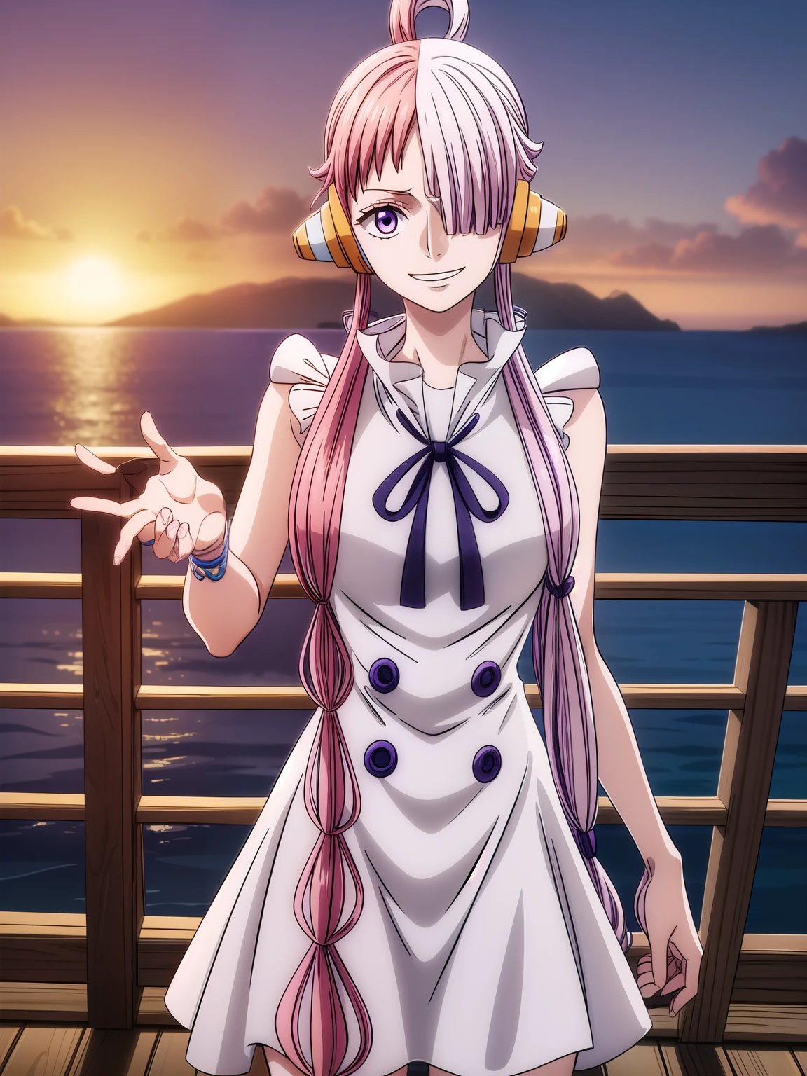 onepieceuta, uta, Long Hair, (Purple eyes:1.1), Gray Hair, Redhead, multicoloRedhead, (Hair on one eye:1.5), Two-tone hair, Split Color Hair, Hair Ring, Side Lock, smile, Grin,
break dress, ribbon, jewelry, White Dress, Headphones,
break outdoors, Ocean,  boat,
break looking at viewer, (Cowboy Shot:1.5),
break (masterpiece:1.2), highest quality, High resolution, unity 8k wallpaper, (figure:0.8), (Beautiful fine details:1.6), Highly detailed face, Perfect lighting, Highly detailed CG, (Perfect hands, Perfect Anatomy),