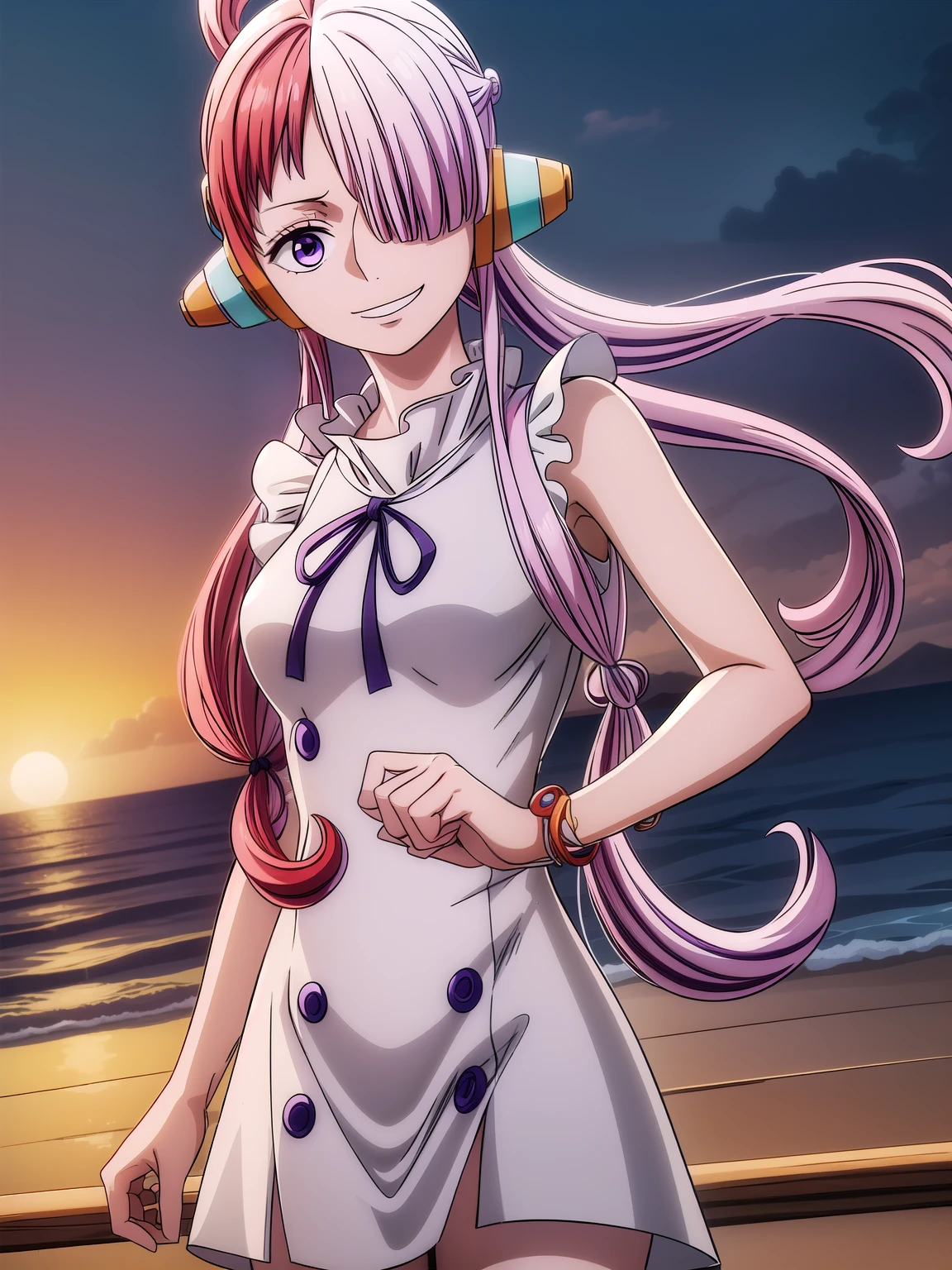 onepieceuta, uta, Long Hair, (Purple eyes:1.1), Gray Hair, Redhead, multicoloRedhead, (Hair on one eye:1.5), Two-tone hair, Split Color Hair, Hair Ring, Side Lock, smile, Grin,
break dress, ribbon, jewelry, White Dress, Headphones,
break outdoors, Ocean,  boat,
break looking at viewer, (Cowboy Shot:1.5),
break (masterpiece:1.2), highest quality, High resolution, unity 8k wallpaper, (figure:0.8), (Beautiful fine details:1.6), Highly detailed face, Perfect lighting, Highly detailed CG, (Perfect hands, Perfect Anatomy),