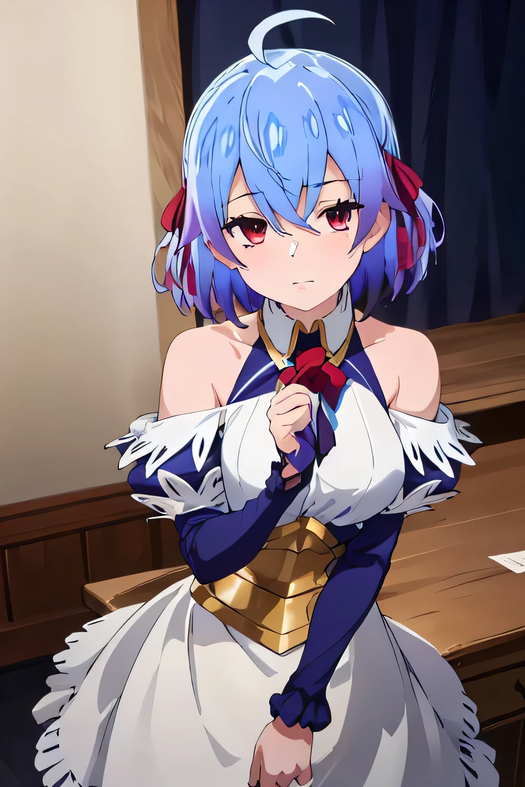 (Exceptional, Best aesthetics, new, newest, highest quality, masterpiece, Very detailed),Ruthie, One girl, alone, ribbon, hair ribbon, short hair, metal collar, Red eyes, Blue Hair, Ahoge, Multicolored Hair, Memes, Bracelet, Gradient Hair, collar, jewelry, bangs, Parody, armor, Expressionless, Exposing shoulders, Mouth closed, View Viewer, Hair between the eyes,,
break masterpiece ,8k unity wallpaper,anime key visual,highest quality, High resolution, unity 8k wallpaper, (shape:0.8),anime coloring,highly detailed face, detailed eyes,growing eyes,shiny skin,fine skin,white skin,dense skin,detailed hair,highly detailed legs,perfect lighting, Detailed CG, (perfect hands, perfect anatomy),High resolution,(Detailed wear ),slender limbs, delicate curves, dainty hands,figure:0.8,