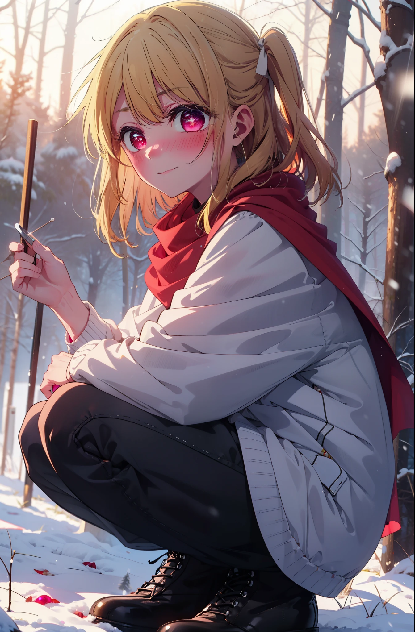 rubyhoshino, Hoshino Ruby, Long Hair, bangs, Blonde Hair, (Pink Eyes:1.3), Side Lock, (Symbol-shaped pupil:1.5), Multicolored Hair, Two-tone hair, smile,,smile,blush,White Breath,
Open your mouth,snow,Ground bonfire, Outdoor, boots, snowing, From the side, wood, suitcase, Cape, Blurred, , forest, White handbag, nature,  Squat, Mouth closed, Cape, winter, Written boundary depth, Black shoes, red Cape break looking at viewer, Upper Body, whole body, break Outdoor, forest, nature, break (masterpiece:1.2), highest quality, High resolution, unity 8k wallpaper, (shape:0.8), (Beautiful and beautiful eyes:1.6), Highly detailed face, Perfect lighting, Extremely detailed CG, (Perfect hands, Perfect Anatomy),