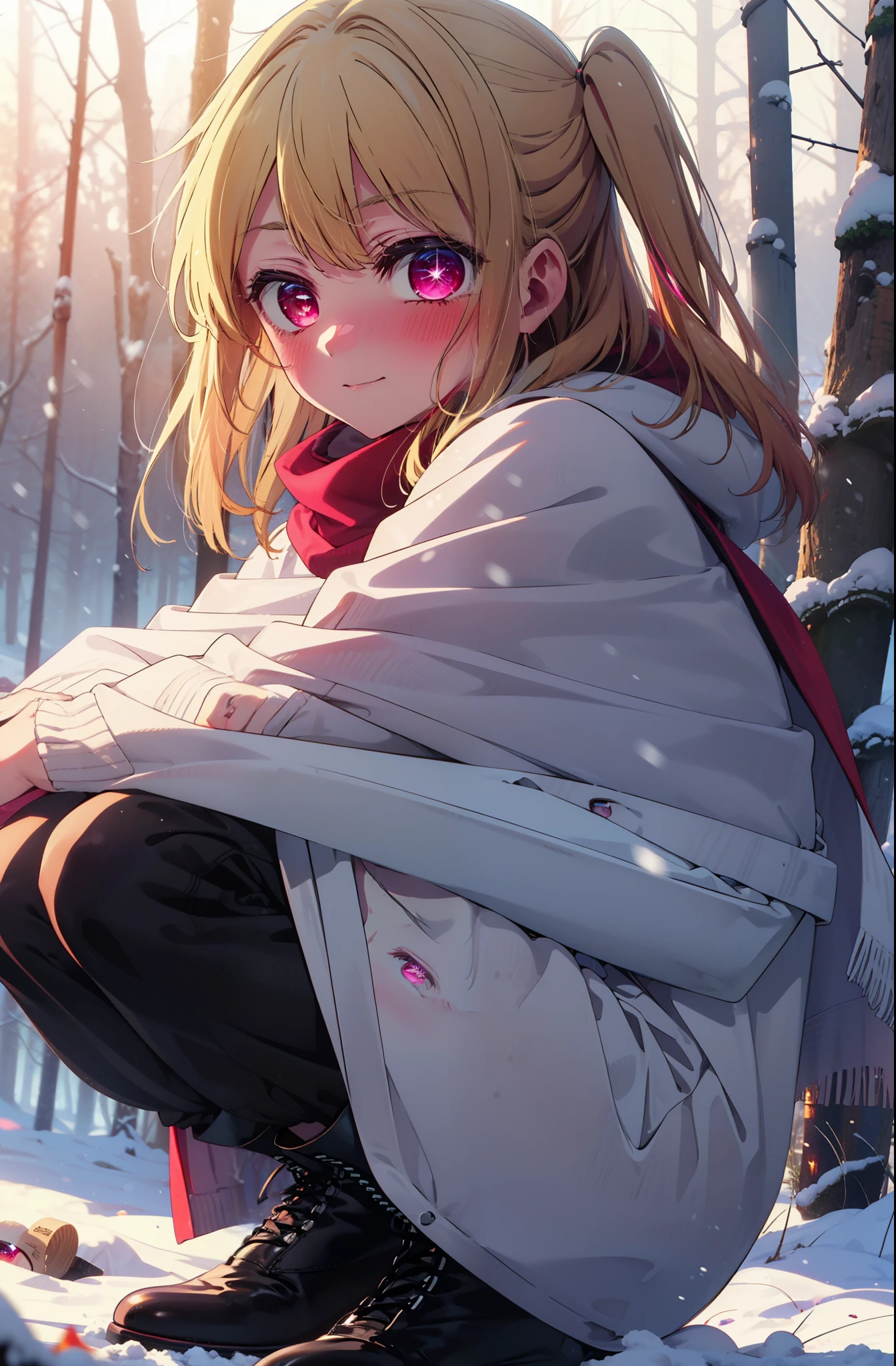 rubyhoshino, Hoshino Ruby, Long Hair, bangs, Blonde Hair, (Pink Eyes:1.3), Side Lock, (Symbol-shaped pupil:1.5), Multicolored Hair, Two-tone hair, smile,,smile,blush,White Breath,
Open your mouth,snow,Ground bonfire, Outdoor, boots, snowing, From the side, wood, suitcase, Cape, Blurred, , forest, White handbag, nature, Squat, Mouth closed, Cape, winter, Written boundary depth, Black shoes, red Cape break looking at viewer, Upper Body, whole body, break Outdoor, forest, nature, break (masterpiece:1.2), highest quality, High resolution, unity 8k wallpaper, (shape:0.8), (Beautiful and beautiful eyes:1.6), Highly detailed face, Perfect lighting, Extremely detailed CG, (Perfect hands, Perfect Anatomy),