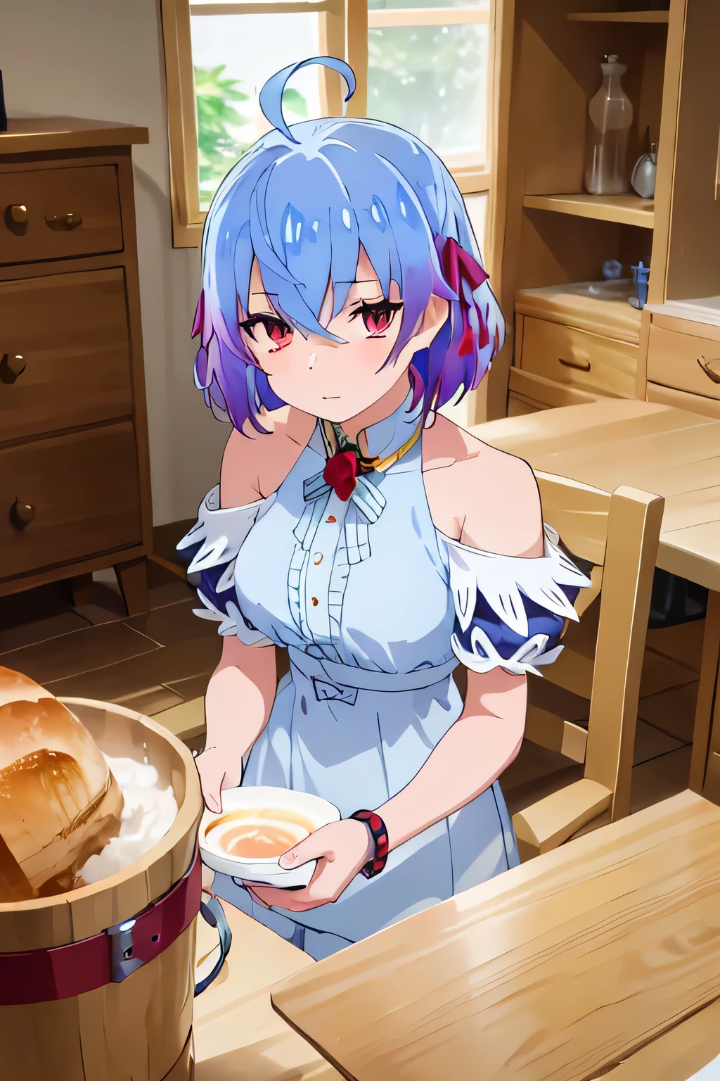 (Exceptional, Best aesthetics, new, newest, highest quality, masterpiece, Very detailed),Ruthie, One girl, alone, ribbon, hair ribbon, short hair, metal collar, Red eyes, Blue Hair, Ahoge, Multicolored Hair, Memes, Bracelet, Gradient Hair, collar, jewelry, bangs, Parody, armor, Expressionless, Exposing shoulders, Mouth closed, View Viewer, Hair between the eyes,,
break masterpiece ,8k unity wallpaper,anime key visual,highest quality, High resolution, unity 8k wallpaper, (shape:0.8),anime coloring,highly detailed face, detailed eyes,growing eyes,shiny skin,fine skin,white skin,dense skin,detailed hair,highly detailed legs,perfect lighting, Detailed CG, (perfect hands, perfect anatomy),High resolution,(Detailed wear ),slender limbs, delicate curves, dainty hands,figure:0.8,