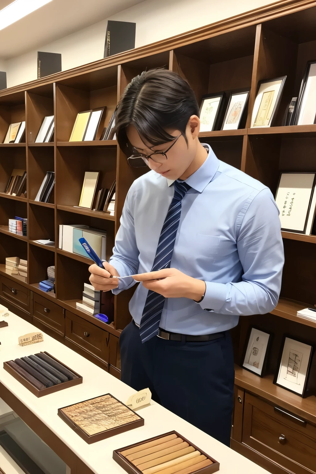 Please create an image of a man in his twenties choosing writing implements in front of a display shelf in a stationery store.。