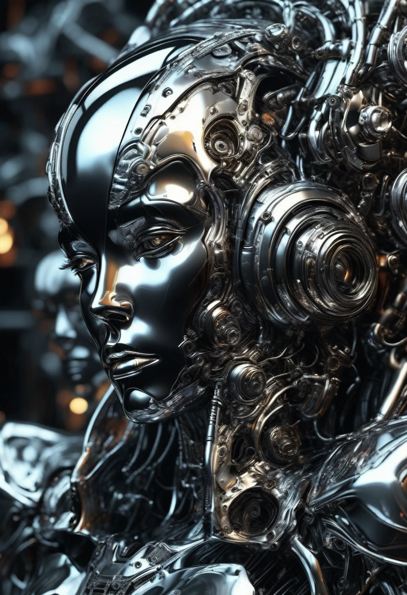 Liquid Metal, a liquid metal robot, detailed metallic texture, gears and machinery, industrial, futuristic, cyberpunk, silver, chrome, intricate details, best quality, 8k, photorealistic, cinematic lighting, advanced 3d render