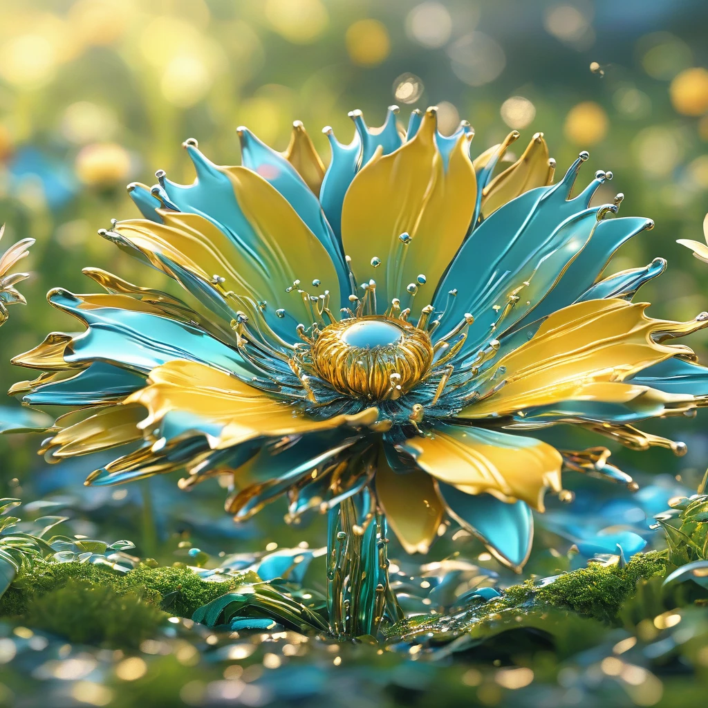 best quality, very good, 16K, ridiculous, Extremely detailed, Lovely(((flower:1.3))),Made of liquid metal, Background grassland((A masterpiece full of fantasy elements))), ((best quality)), ((Intricate details))(8k)