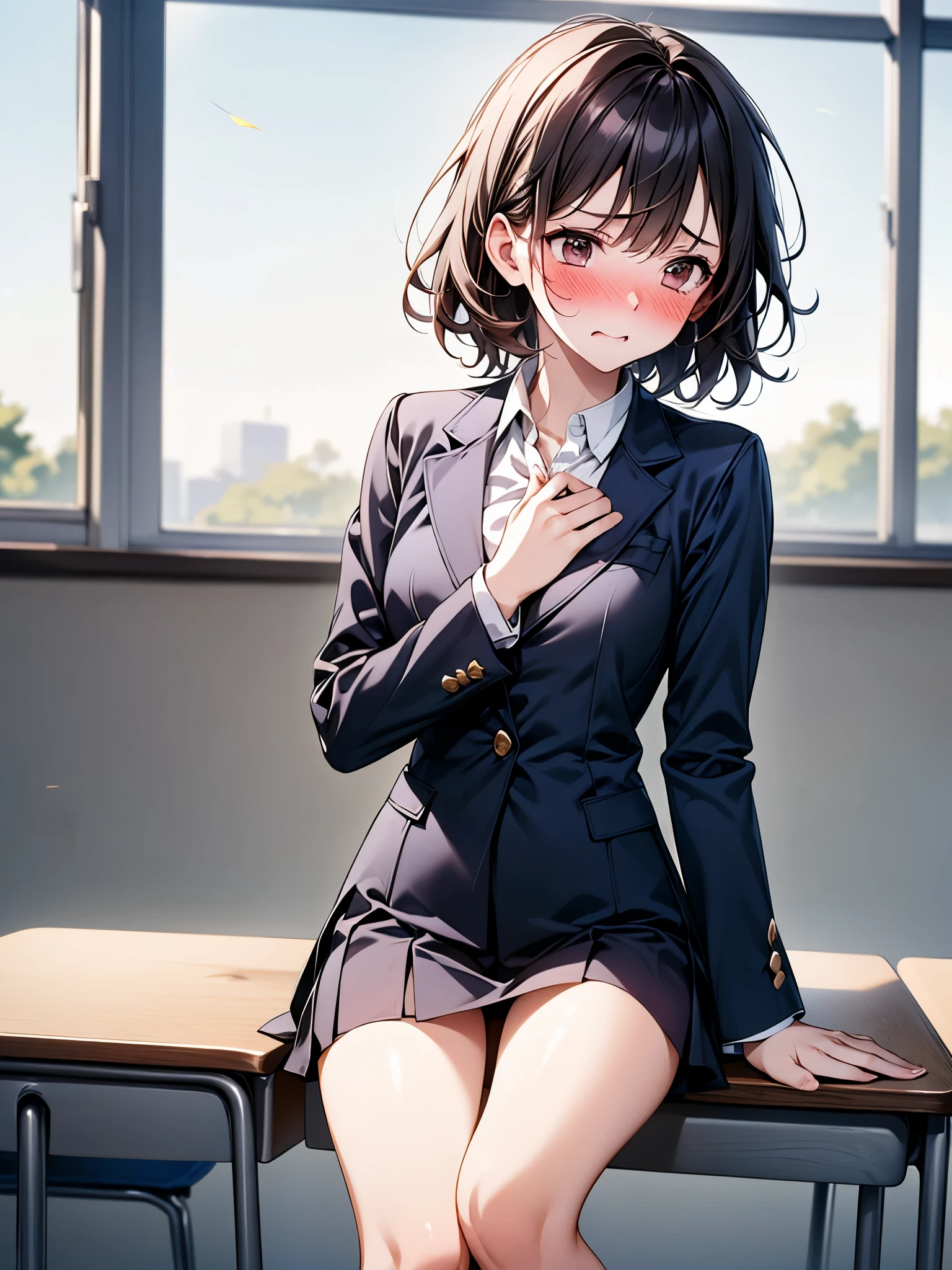 (A beautiful woman、slender), perfect anatomy, High school girls、uniform、Embrace your chest、Inner thighs、pussy juice, classroom、、Glossy lipasterpiece、highest quality、black hair, messy hair, (8k, High resolution)、(embarrassed:1.4)、(blush)、 small breast