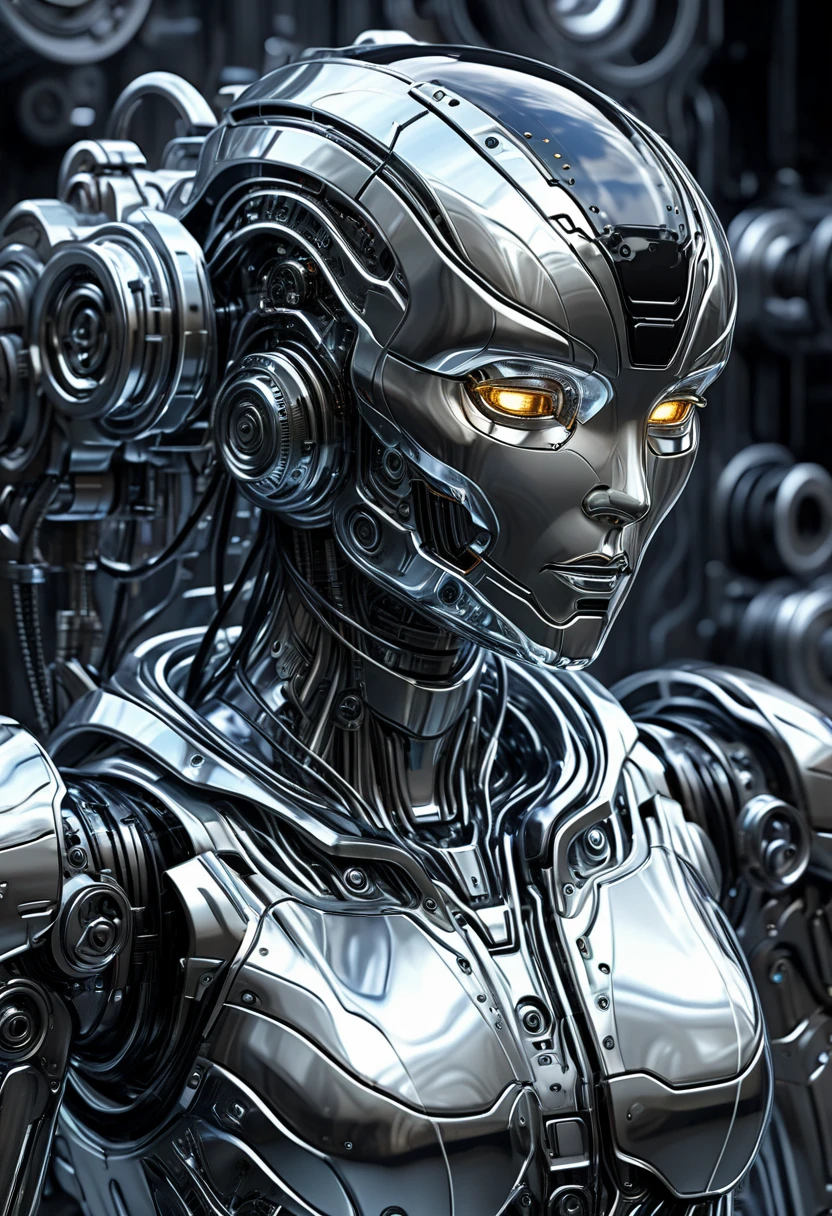 Liquid Metal, a liquid metal robot, detailed metallic texture, gears and machinery, industrial, futuristic, cyberpunk, silver, chrome, intricate details, best quality, 8k, photorealistic, cinematic lighting, advanced 3d render