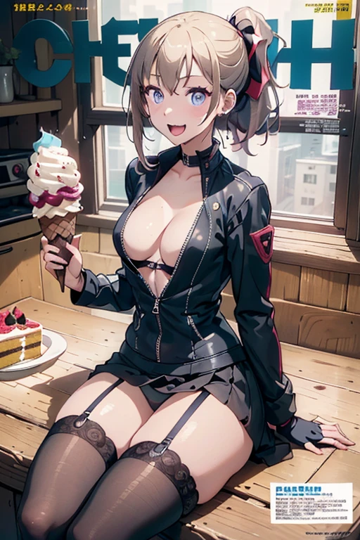 1 girl, small nose, very beautiful detailed face and eyes, bright colors, cute face, delicate beautiful face, Bright magenta eyes, cute eyes, sparkling eyes, Big eyes, (small breasts:1.3), (perky chest:1.1), (pointed chest:1.0), (icecream magazine cover:1.3),highest quality, WorKs of masters, High resolution,BlacK color hair,shiny hair, side ponytail,hair between eyes,bangs, (black jacket, real clothes, cleavage, black skirts, black thighhighs, thigh strap, fingerless gloves, single glove:1.2) , spread legs, panties shot, medium hips, glamorous body, white skin, smile, thin pubric hair, super beautiful face, Super beautiful eyes, Super beautiful hair,trendy outfit,sexy and attractive,full body esbian, Real World, Natural light,perfect Natural light,(with sparkling eyes and a contagious smile), This masterpiece is not only visually stunning but also tells, make of cake cooking , in the kitchen, open mouth, looking at viewer,