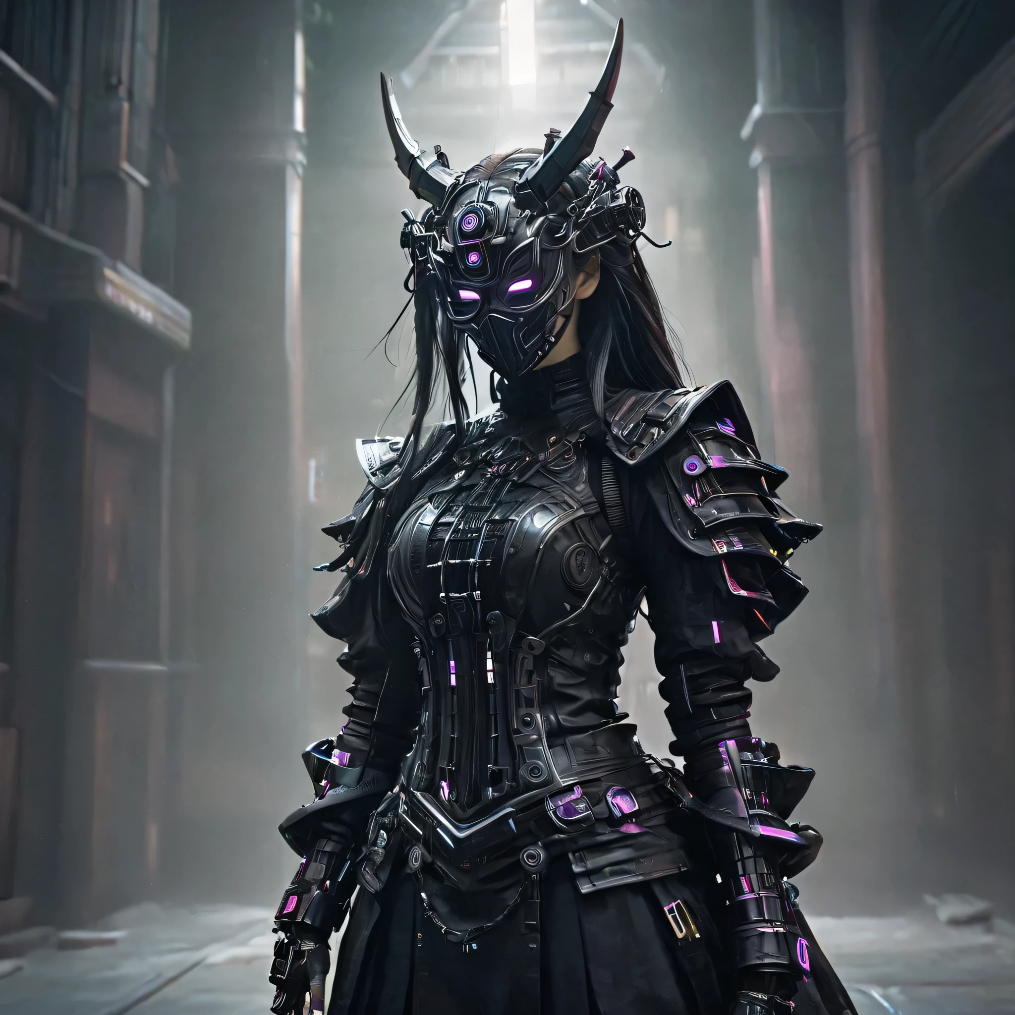 Arafed image of a person wearing fluorescent rainbow clothing and a mask, Very beautiful cyberpunk samurai, gothic - cyberpunk, Orthodox cyberpunk, Rococo Cyberpunk, ornamental gothic - cyberpunk, Gorgeous cosplay, occult cyberpunk, Mysterious Post-Apocalyptic Cyborg, Steampunk Angel, Ultra-detailed fantasy characters, Steampunk aesthetics, Steampunk fantasy style, japanese gothic, Hypergoth, Beautiful female Grim Reaper