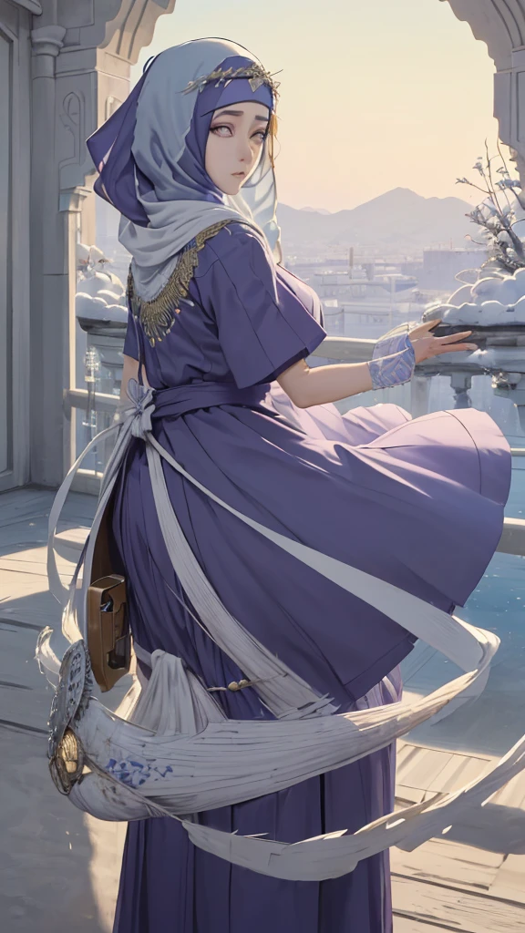 (masterpiece, top quality, best quality, official art, beautiful and aesthetic: 1.2), (1girl), (depicted as Hyuga Hinata from the anime Naruto), (long dark blue hair, cascading down her shoulders), (styled with white eyes, distinctive of her Byakugan heritage), (beautiful, with expressive features and captivating charm), (clad in purple clothes, traditional to Muslim attire), (wearing a mukena, intricately designed and flowing), (head adorned with a hijab, adding a layer of cultural authenticity), (set against a serene mosque background), (ultra-detailed, every fiber