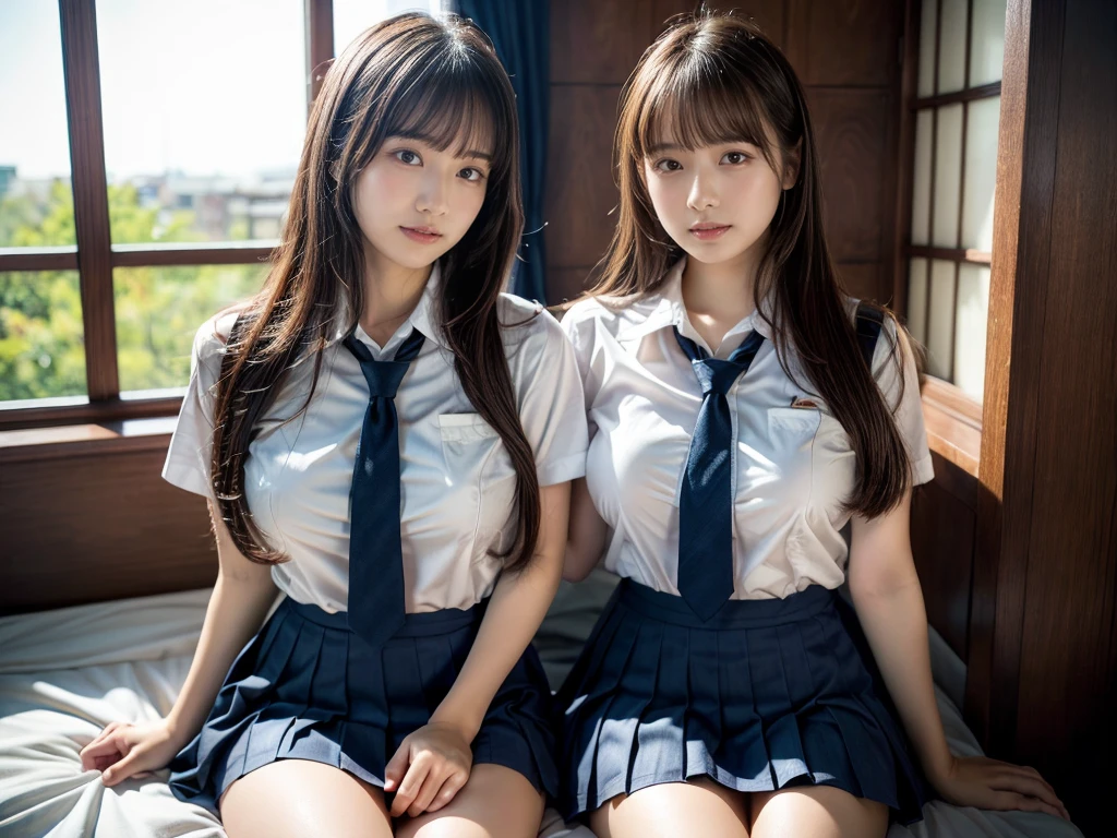 (RAW photo, 4k, masterpiece, high resolution, extremely complex) (realistic: 1.4), cinematic lighting
((2 girls, 2 schoolgirls)),Slam Dunk's,blushing,((innocent)),(Dark makeup),bright eyes,round eyes,blunt bangs,(straight hair:1.3),black hair,large breasts,wide hips,Summer Noon, 20 year old girl、cute type、lolita,Hot, (Best Quality), (Highres), (an Extremely Delicate and Beautiful),(Beautiful 8k face),(Brown eyes),short bob hair,( spectators),(gigantic breasts),(Play with each other,Touching each other's bodies,Touching the body),(Japanese high school uniform:1.3),blue skirt,(reality),bright lighting,(The background is a luxury hotel room)