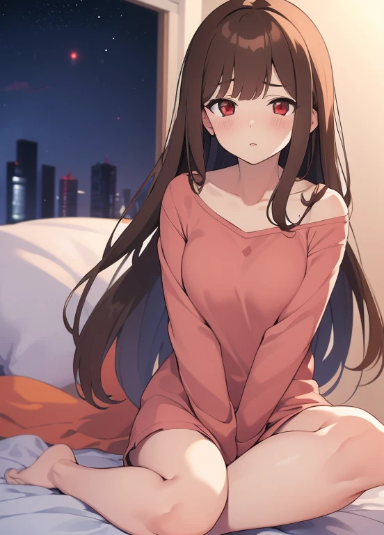 ((4K, master piece, Best Quality)), 1girl in, Light brown SHRT hair, Red Eyes, center parted hair, medium breasts, Cute, blush, sleepover, pajamas, exposed, bedroom, night, cold