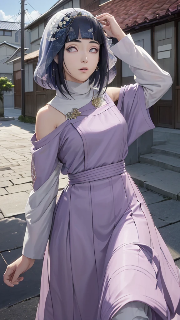 (masterpiece, top quality, best quality, official art, beautiful and aesthetic: 1.2), (1girl), (depicted as Hyuga Hinata from the anime Naruto), (long dark blue hair, cascading down her shoulders), (styled with white eyes, distinctive of her Byakugan heritage), (beautiful, with expressive features and captivating charm), (clad in purple clothes, traditional to Muslim attire), (wearing a mukena, intricately designed and flowing), (head adorned with a hijab, adding a layer of cultural authenticity), (set against a serene mosque background), (ultra-detailed, every fiber