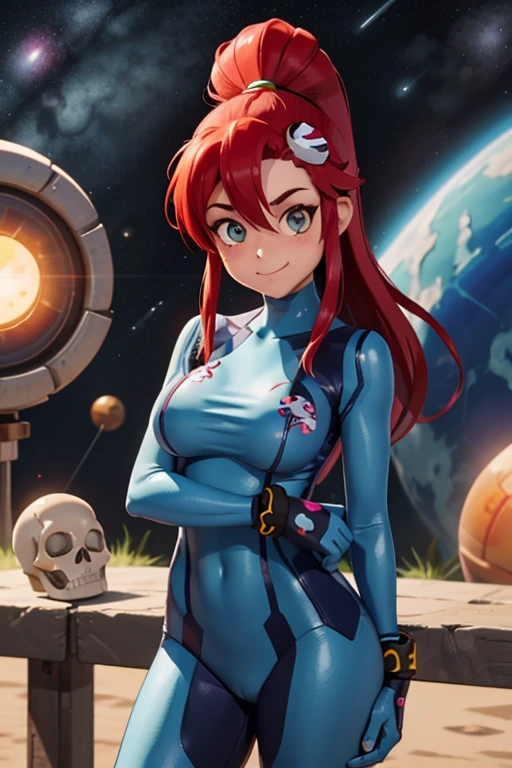 masterpiece, high quality, extremely detailed, 1girl, mature female, solo, Yoko Littner dressed up as Zero Suit Samus, large breasts, hair between eyes, hair ornament, high ponytail, long hair, red hair, sidelocks, skull hair ornament, zero suit, blue gloves, light smile, standing, holding a blaster, upper body, outer space, space environment