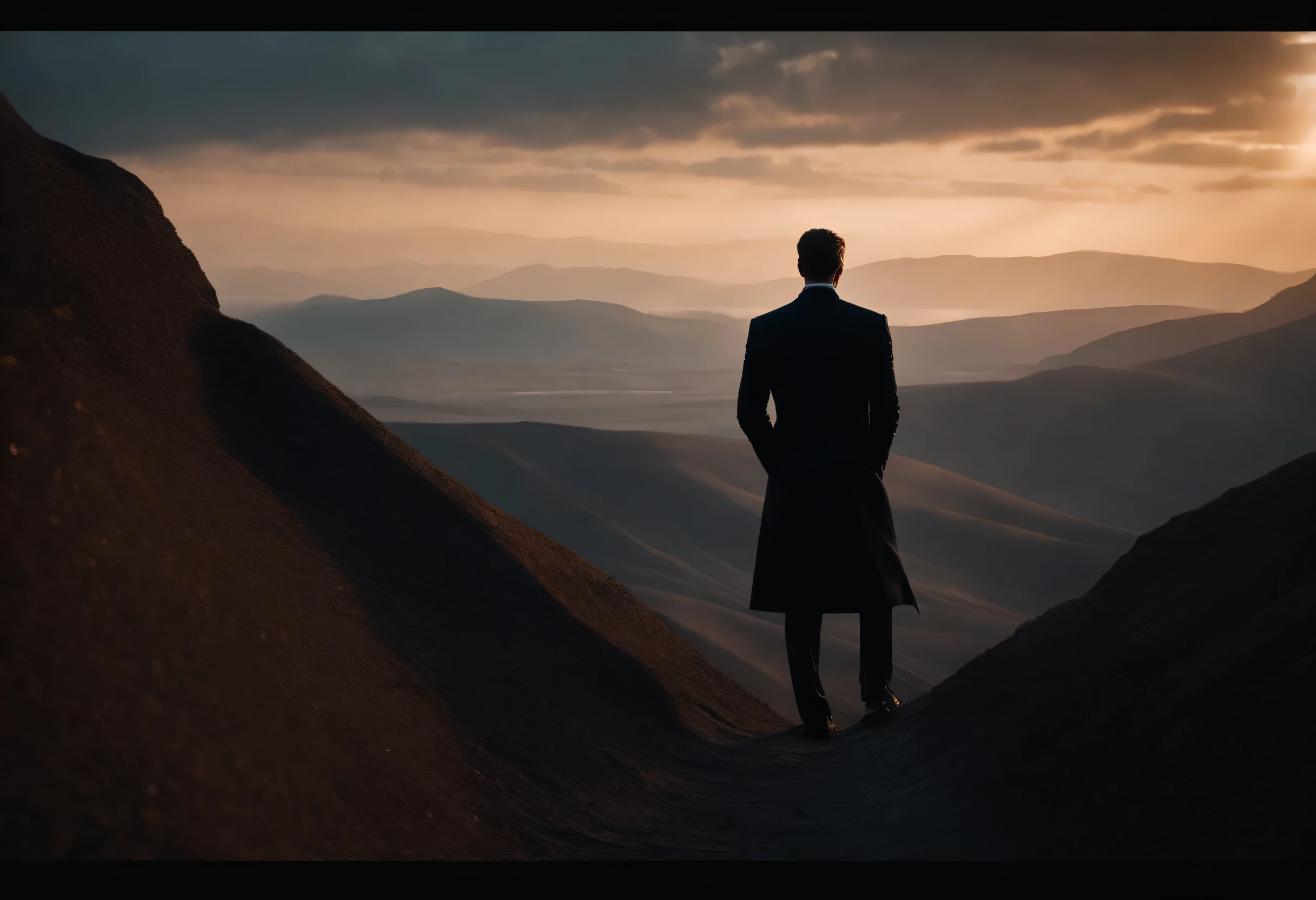 Handsome man in dark suit in dune style, stands on top of a mountain, which is enveloped by the dawn and looks into the distance. style realism.