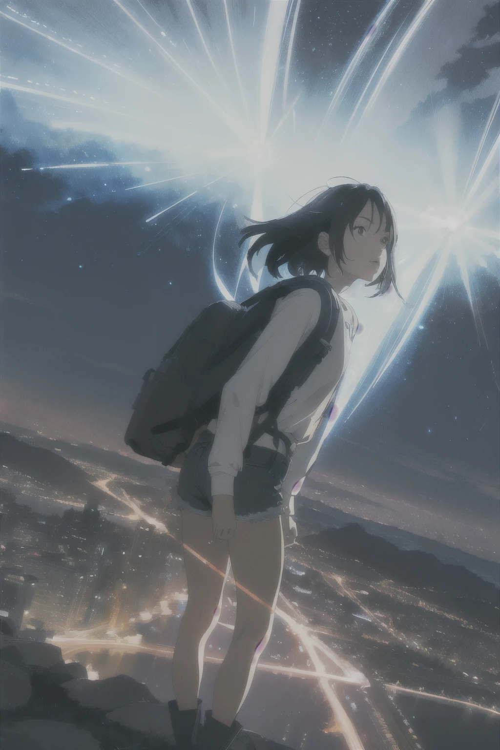 (beautiful and magnificent skyline, majestic sky), (extremely tense and dramatic pictures, moving visual effects), (high hanging Polaris, colorful natural light), (1girl), (long-sleeved top, denim shorts, carrying a backpack), (dynamic pose:1.3, black eyes, black hime-cut hair, sparkling girl)Close-up of face、Close ~ eyes、A starry sky in the dark、Close-up of face、