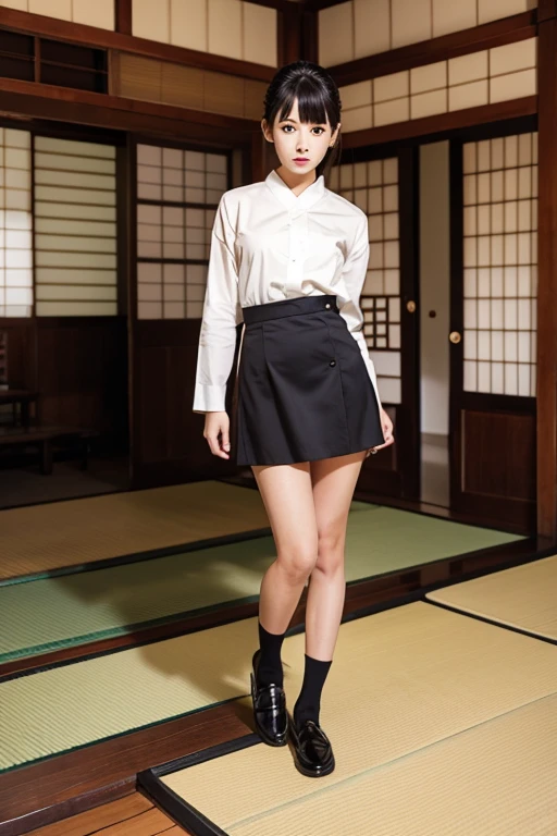 Old Japanese house interior Black Loafers Uniform Mini Skirt Beauty upright