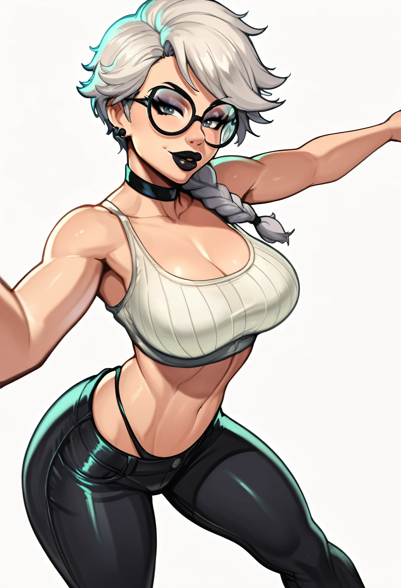 score_9, score_8_up, score_7_up, score_6_up, score_5_up, score_4_up, BREAK 1girl, white hair, braid hair, tomboy, grey eyes, thick lips, light smile, long eyelashes, half-closed eyes, black-framed eyewear, round eyewear, black choker, swept bangs, adult, mature, black eyeliner, ear piercing, black lips, grey eyeshadow, looking at viewer, BREAK solo, standing, large breasts, adult, skinny, wedgie, highleg, arched back, thigh gap, white crop to, black pants, white stripes, patterned clothing, black thong, black choker, goth, BREAK (white background:1.2), simple background, dynamic pose, dynamic angle, angled shot,
