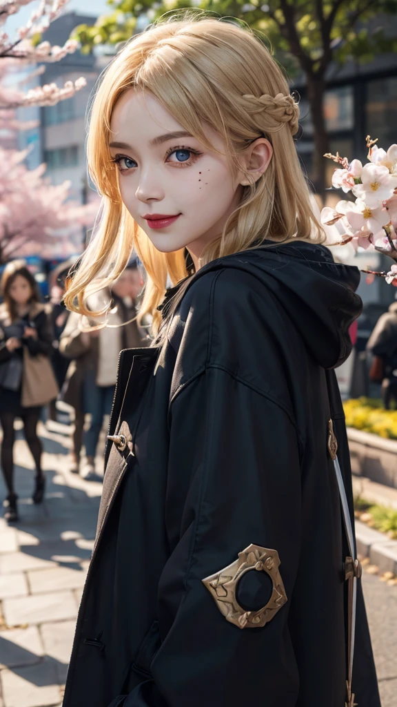 1 Girl,coat,hood,Jacket,((粗呢coat)),Lips,Lipstick,lattice,lattice裙,Reality,skirt,Solitary,Standing,best quality,Photo Realism,masterpiece,8K,high resolution,Solitary,(((Miss) ))、(Medium bust)、((looking at the audience))、(looking at camera)、(long hair、blond)、(Professional lighting、Blurred Background)、Top view、The facial details are extremely rich、Stylish and trendy atmosphere、Japan,street,garden,river,Cherry blossoms,((daytime)),(portrait:0.6),诱人的Smile,Gorgeous,Flowing hair,(Light Particles,lens flare,发Light Particles:0.6),(Dynamic poses:1.2),soft light,blonde,whole body,Narrow face,Smile,There are obvious moles under the eyes,blue eyes