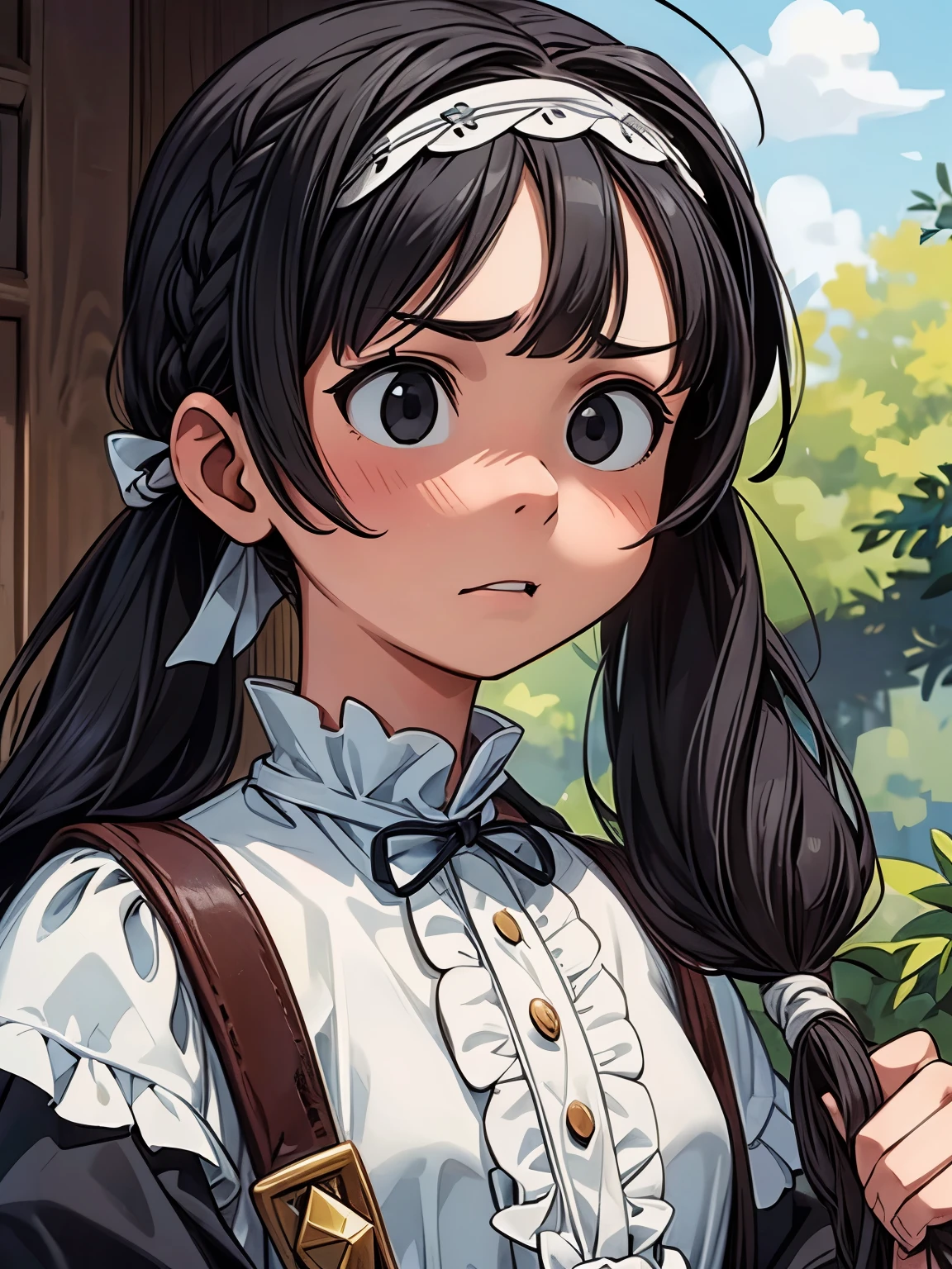 (masterpiece、highest quality、highest quality、Official Art、Beautiful and beautiful:1.2)、(One girl:1.3)Hatsune Miku、Twin tails,Big Breasts,Paris, 1559. Young people ((((18-year-old)) Sylvie Parrott)), Courageous, Resilient, Decided, Outdoor, ((Scared and angry facial expression)), ((((Simple clothing of the 1550s)))), ((Hairstyle of black people in the 1550s)), colorful, Realistic