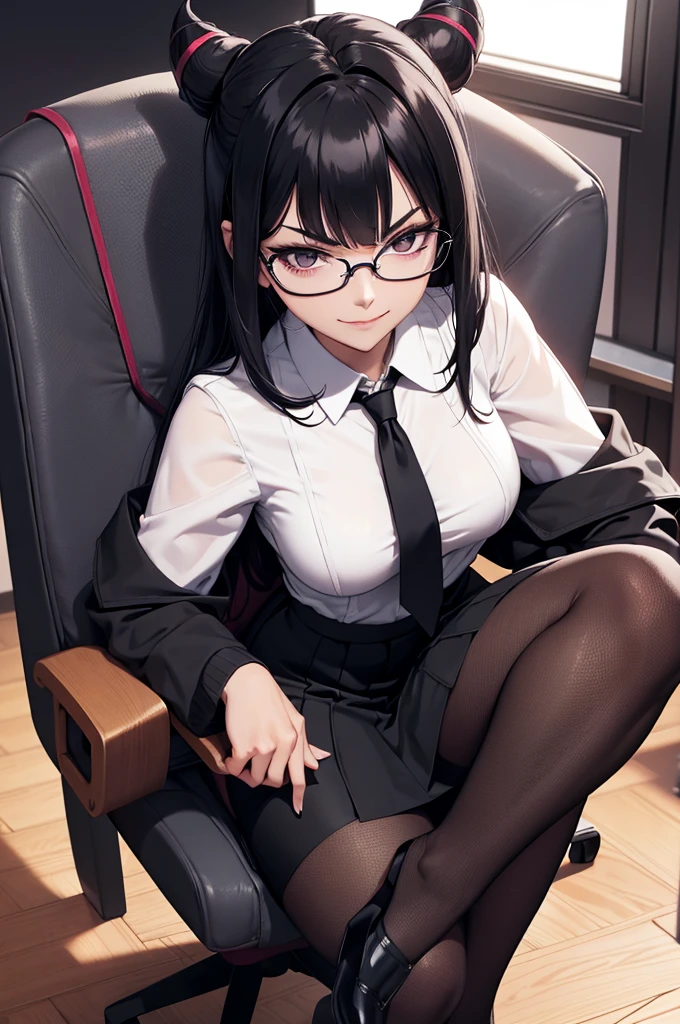 oculos,juri han,evil smile, work of art, tight white secretary shirt with black tie, black high waist skirt, short skirt, black hair, black tights, evil smile, office, bangs in the eyes, lighting, hair horn, vision of up, looking up, evil smile, sitting on an office chair, legs ,imagem detalhada,belas coxas detalhadas,sentada,oculos,franja nos olhos