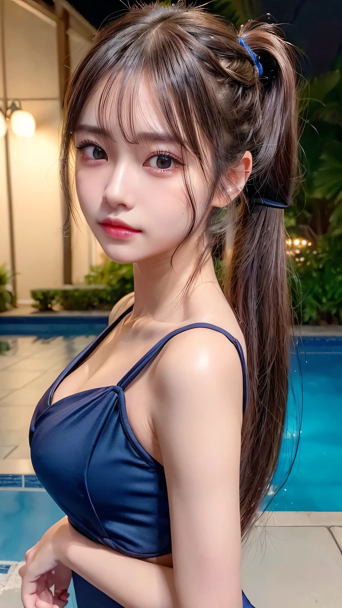 Outdoor,midnight,Very large pool,It's dark outside,Lit up with neon lights,school navy blue one-piece swimsuit,Blushing,Facing forward,Small breasts,,Long hair ponytail,((8K, Raw photo, Best Quality, Mastepiece:1.2), (Realism, Photorealistic:1.4), (Highly detailed 8k wallpaper), Depth of written boundary, Cinematic Lighting, Soft Light, Detailed Beauty Eye,Shiny and smooth light brown ponytail, Asymmetrical bangs, Shiny skin, Ultra-detailed skins ,It is high resolution., High detail, Detailed hairstyle, Detailed facial beauty, Hyper-realistic, Perfect limbs, Perfect Anatomy ,1 Japanese girl,Famous Japanese Idols, Perfect female body,A shy smile,Short eyelashes,Double-edged eyelids,Look straight here,Hair style: ponytail,