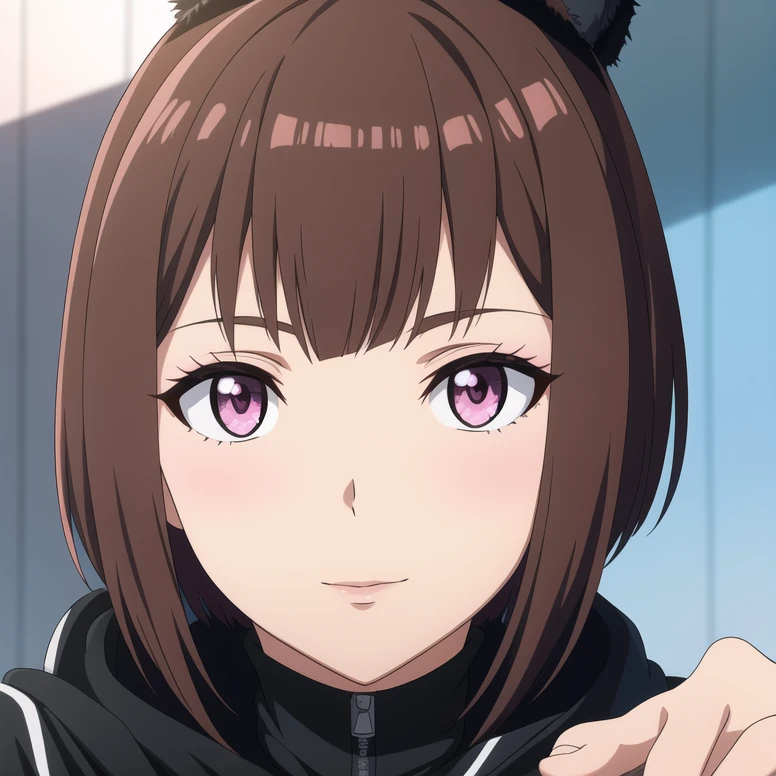 photorealistic, (4k), depth of field, (Masterpiece), (realistic skin texture), extremely detailed, intricate, (anime art style), hyper detailed, high resolution, professional photography, , depth of field, sharp detail, best quality, looking at viewer, 1girl, solo, female focus, dark gray soviet fur-hat, lilian_carvekolova, black tracksuit, black tracksuit with stripes, half colored hair, byzanrine colored hair, brown hair, pink eyes, bob-cut hair, (fairy_tail_style:0.1)
