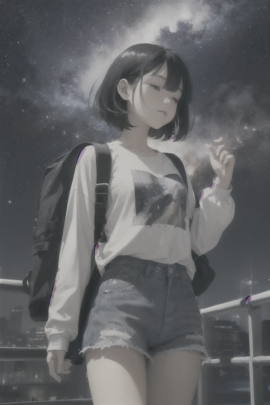 (beautiful and magnificent skyline, majestic sky), (extremely tense and dramatic pictures, moving visual effects), (high hanging Polaris, colorful natural light), (1girl), (long-sleeved top, denim shorts, carrying a backpack), (dynamic pose:1.3, black eyes, black hime-cut hair, sparkling girl)Close-up of face、Close ~ eyes、Starry sky background、
I close my eyes and can't see anything, it's sad, but when I open my eyes there is nothing to see other than the road heading towards the wilderness Ah, you shattered stars of destiny, please at least secretly shine on me I go, with pale cheeks I go, farewell Subaru As I breathe, the cold wind continues to howl in my chest, but my heart is hot and I continue to pursue my dreams Ah, you nameless stars that roar, please at least end your bodies vividly I go too, I go as my heart commands, farewell Subaru Ah, someday someone will walk this road Ah, someday someone will walk this road I will go, with pale cheeks I go, farewell Subaru I go, farewell Subaru