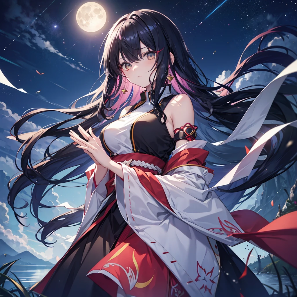 anime、Vibrant colors、Cool beauty、、Black Hair、Long Hair、Straight Hair、The bangs are cut above the eyebrows、Narrow eyes、Slanted Eyes、Bright eyes、Sharp Eyes、Sparkling eyes、Large Breasts、Night Sky、full moon、Looking up at the sky、Miko costume、forest、river、100 fireflies flying around