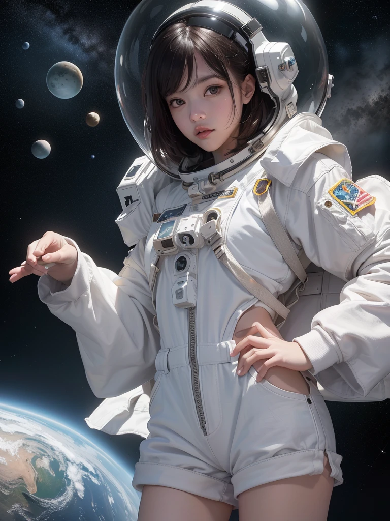 (8K, RAW photos, best quality, masterpiece:1.2), (Practical, photo-Practical:1.37), (1 Girl, up in the air), whole body, deep spatial depth, Space Background, Mysterious planet,(White shirt, White shorts),1 planet,((Astronaut Helmet,reflective)),