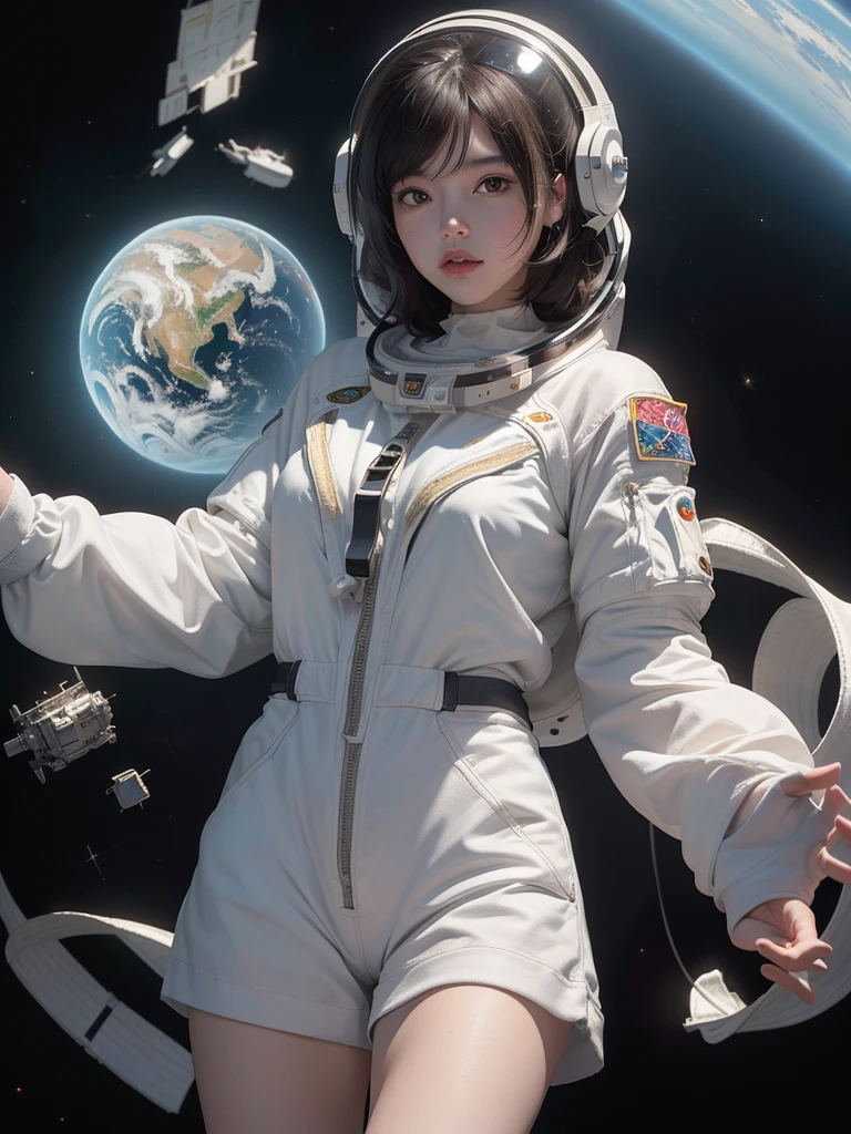 (8K, RAW photos, best quality, masterpiece:1.2), (Practical, photo-Practical:1.37), (1 Girl, up in the air), whole body, deep spatial depth, Space Background, Mysterious planet,(White shirt, White shorts),1 planet,((Astronaut Helmet,reflective)),