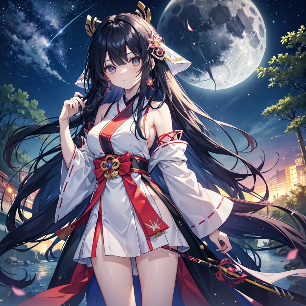 anime、Vibrant colors、Cool beauty、27 years old、Black Hair、Long Hair、Straight Hair、The bangs are cut above the eyebrows、Narrow eyes、Slanted Eyes、Bright eyes、Sharp Eyes、Sparkling eyes、Large Breasts、Night Sky、full moon、Looking up at the sky、Miko costume、forest、river、100 fireflies flying around