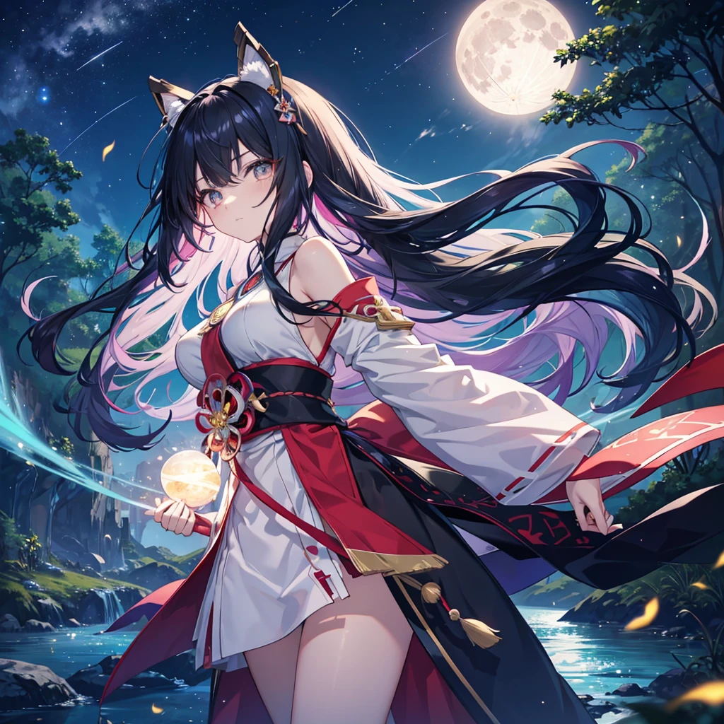 anime、Vibrant colors、Cool beauty、27 years old、Black Hair、Long Hair、Straight Hair、The bangs are cut above the eyebrows、Narrow eyes、Slanted Eyes、Bright eyes、Sharp Eyes、Sparkling eyes、Large Breasts、Night Sky、full moon、Looking up at the sky、Miko costume、forest、river、100 fireflies flying around