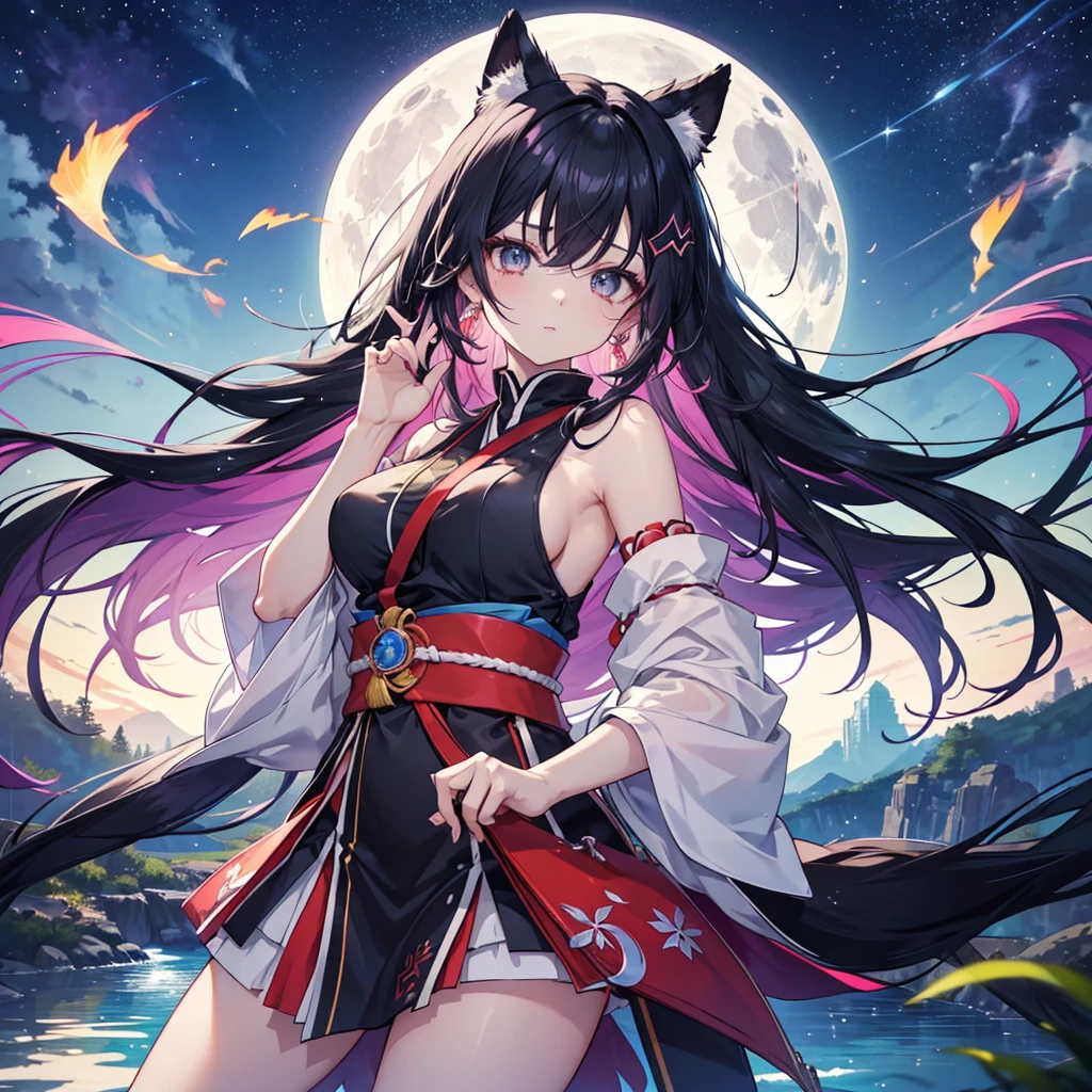 anime、Vibrant colors、Cool beauty、27 years old、Black Hair、Long Hair、Straight Hair、The bangs are cut above the eyebrows、Narrow eyes、Slanted Eyes、Bright eyes、Sharp Eyes、Sparkling eyes、Large Breasts、Night Sky、full moon、Looking up at the sky、Miko costume、forest、river、100 fireflies flying around