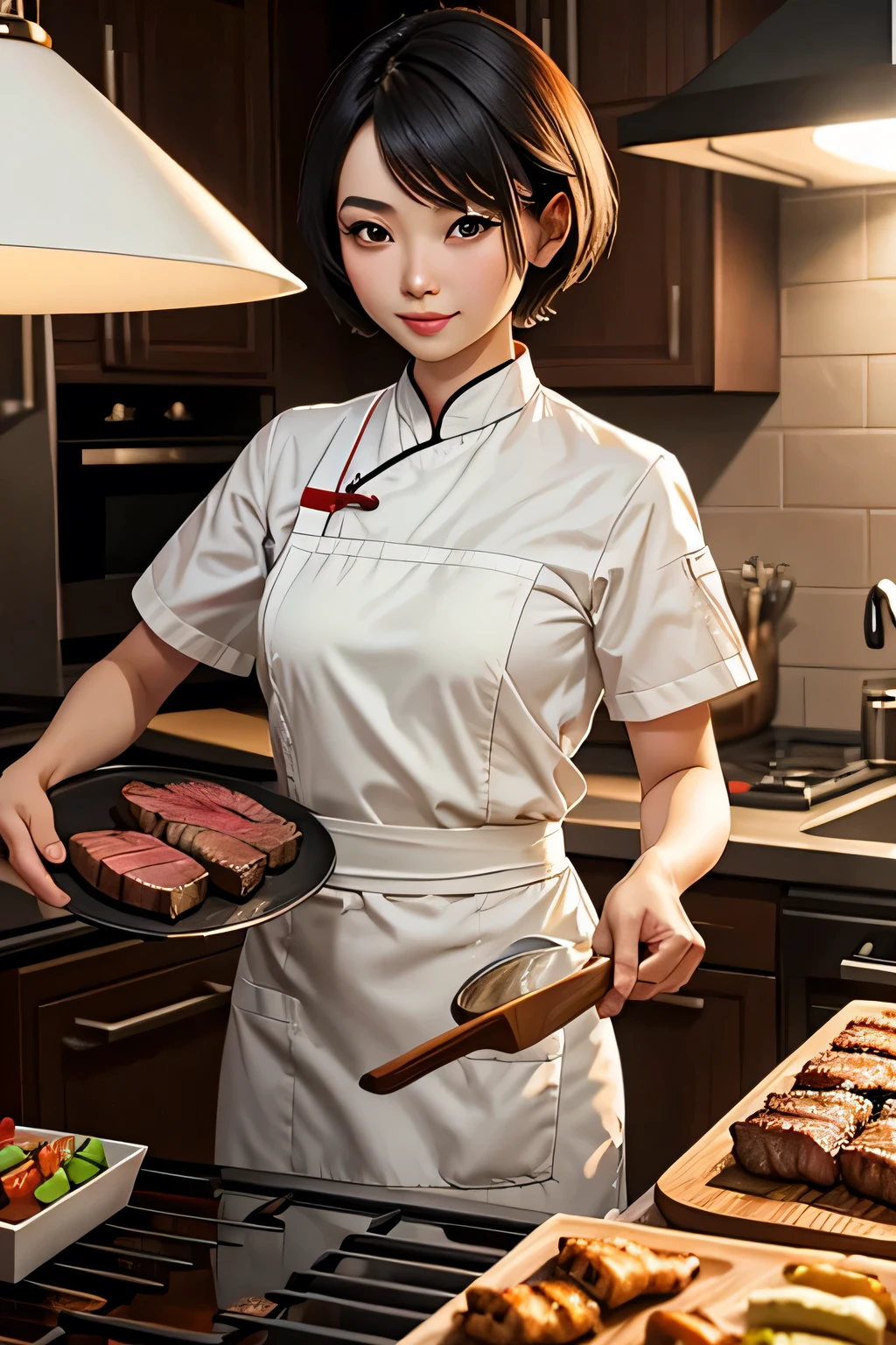 Chinese beauty with short hair wearing a white chef apron，Holding freshly grilled steak in hands in dark kitchen