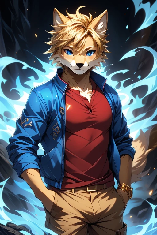 ( Absurdly , High quality , ultra detailed ) ,( hand detailed ) , 1boy, solo, teen, absurdres(highly detailed beautiful face and eyes)perfect anatomy, (Male yellow-gold wolf), (((lean-body))) ((thin body)) (fit), (dark-blue eyes, (adventure, fantasy type clothing ((red-shirt, blue jacket, khaki pants))) (lighter chest fur), intense eyes, small smile, controlling blue fire, dark blue fire, gold fur, gold hair, controlling blue flames, his hair is blond, his fur is blond