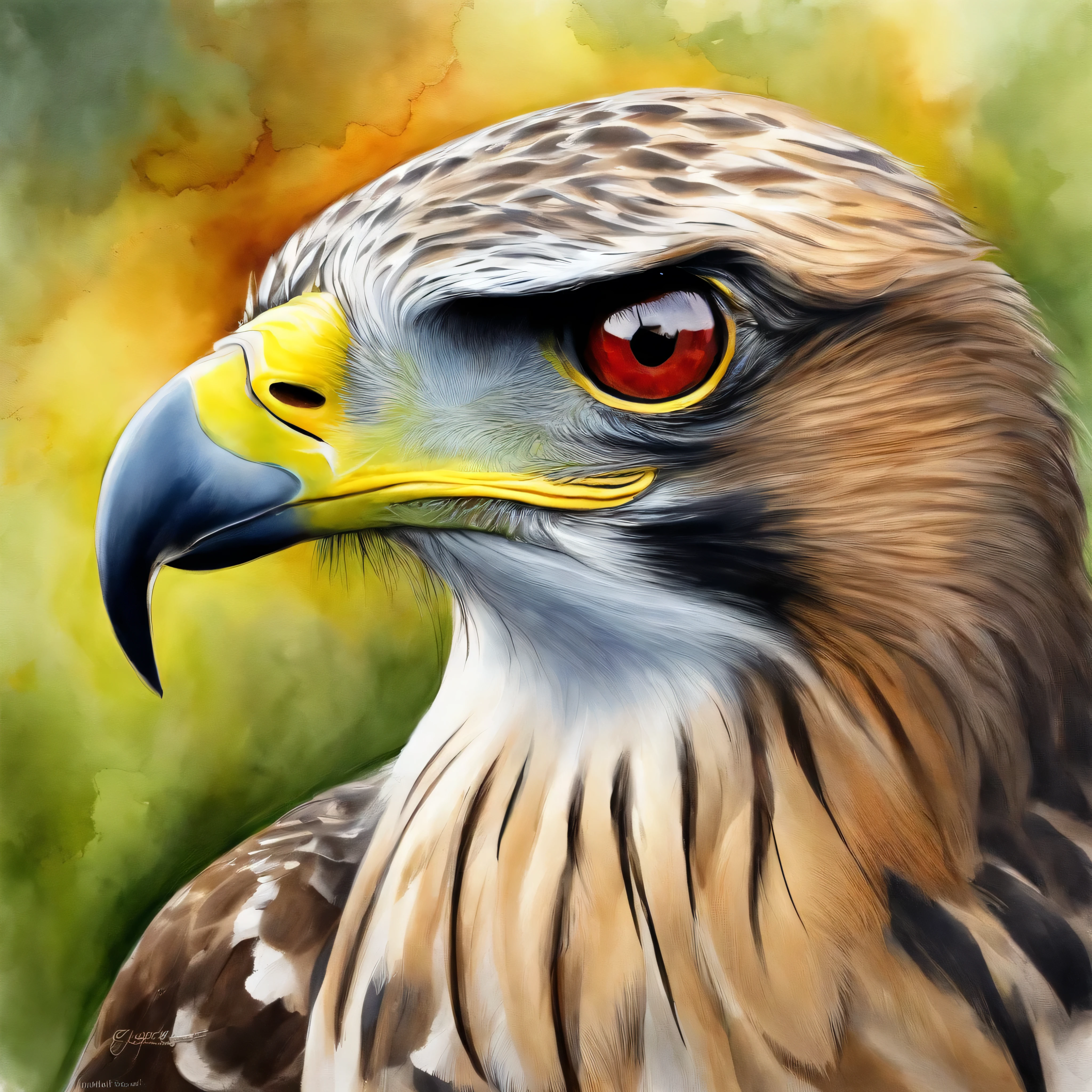 painting of a hawk with a red - tailed tail and yellow eyes, masterful detailed watercolor, watercolor painting style, beautiful painting of a tall, falcon bird face, watercolor detailed art, realistic watercolour, watercolour realistic, watercolor painting, art of alessandro pautasso, detailed watercolor painting, rich aquarel, animal portrait, animal painting, watercolor digital painting